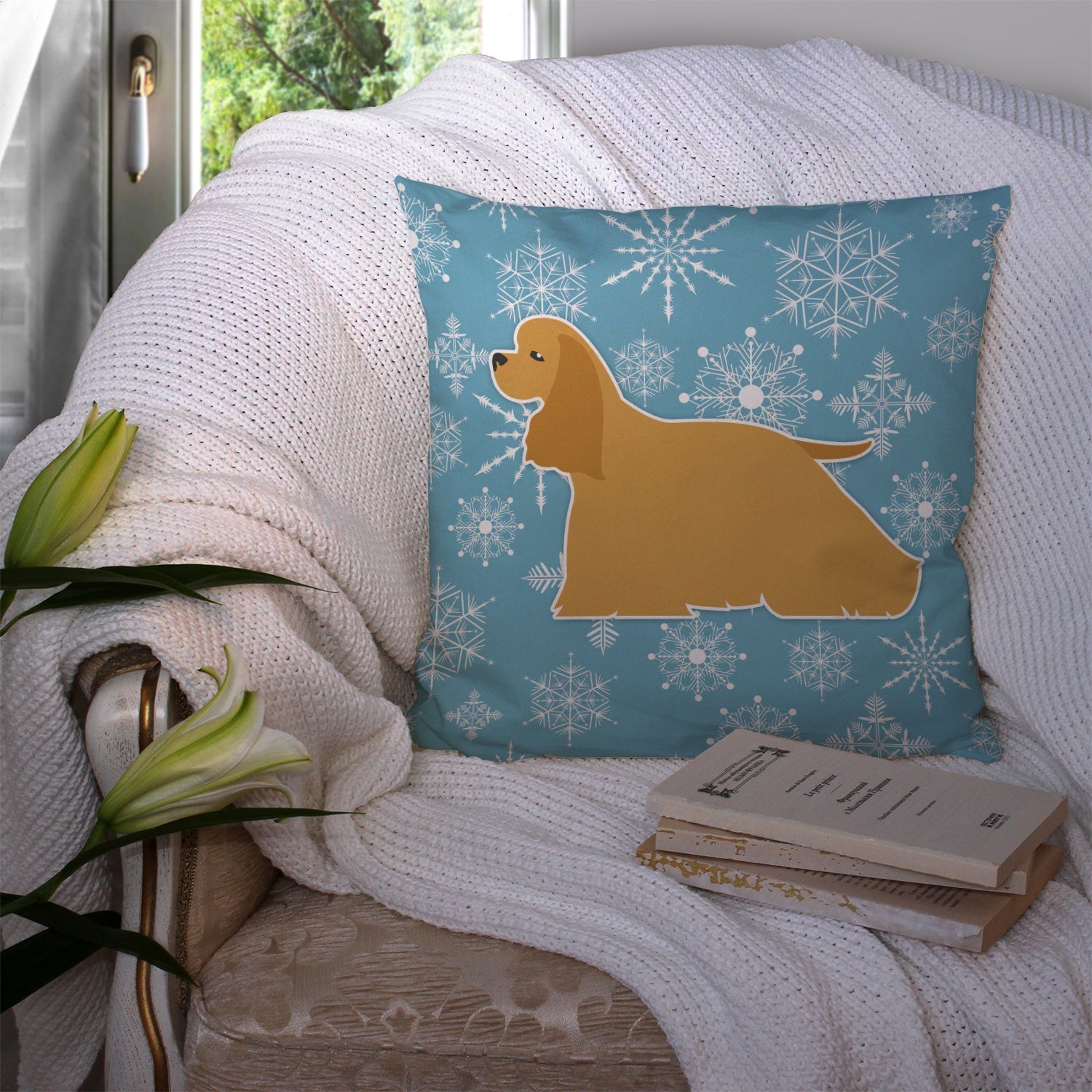 Winter Snowflake Cocker Spaniel Decorative Throw Pillow 14x14 Indoor Outdoor Accent Cushion, Fabric Cover with Insert for Sofa, Bed, Porch & Living Room