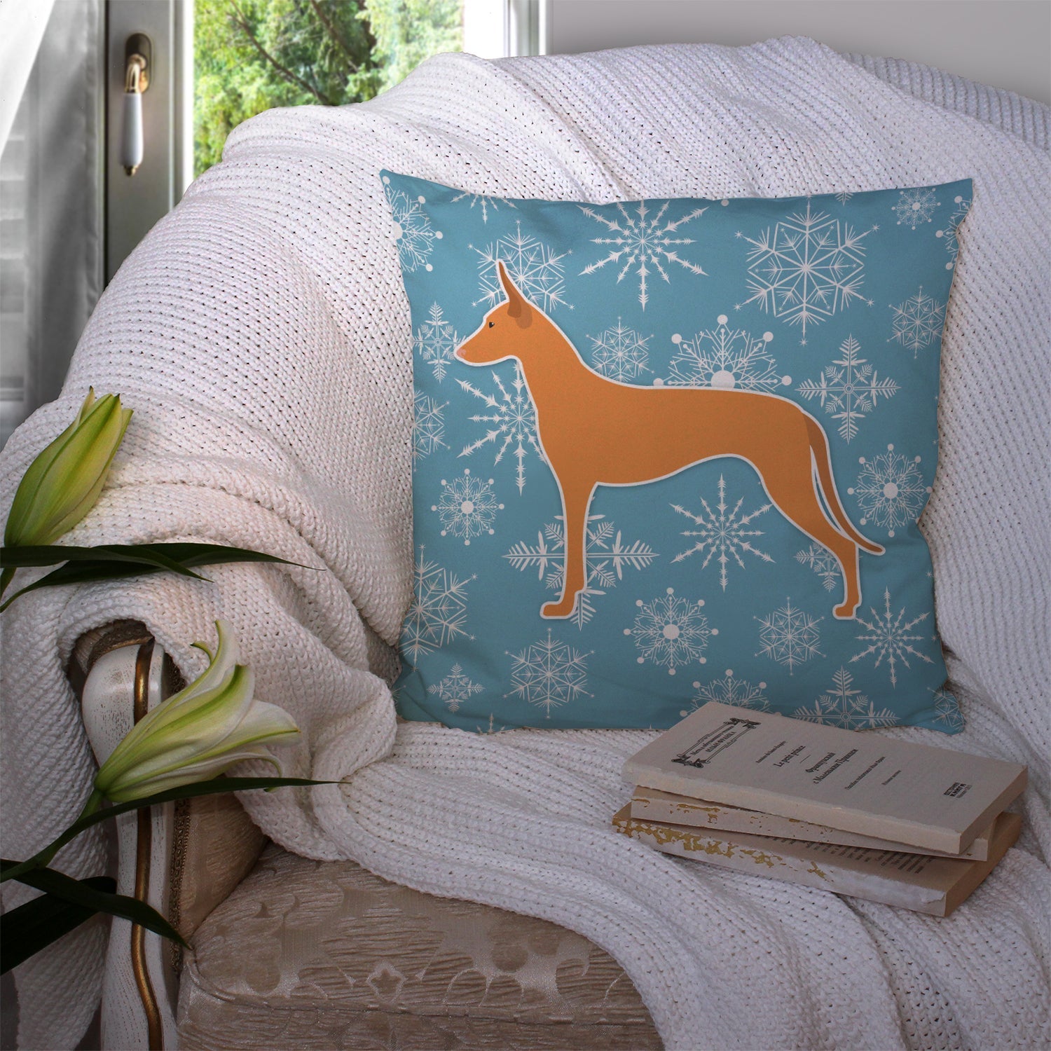 Winter Snowflake Pharaoh Hound Decorative Throw Pillow 14x14 Indoor Outdoor Accent Cushion, Fabric Cover with Insert for Sofa, Bed, Porch & Living Room