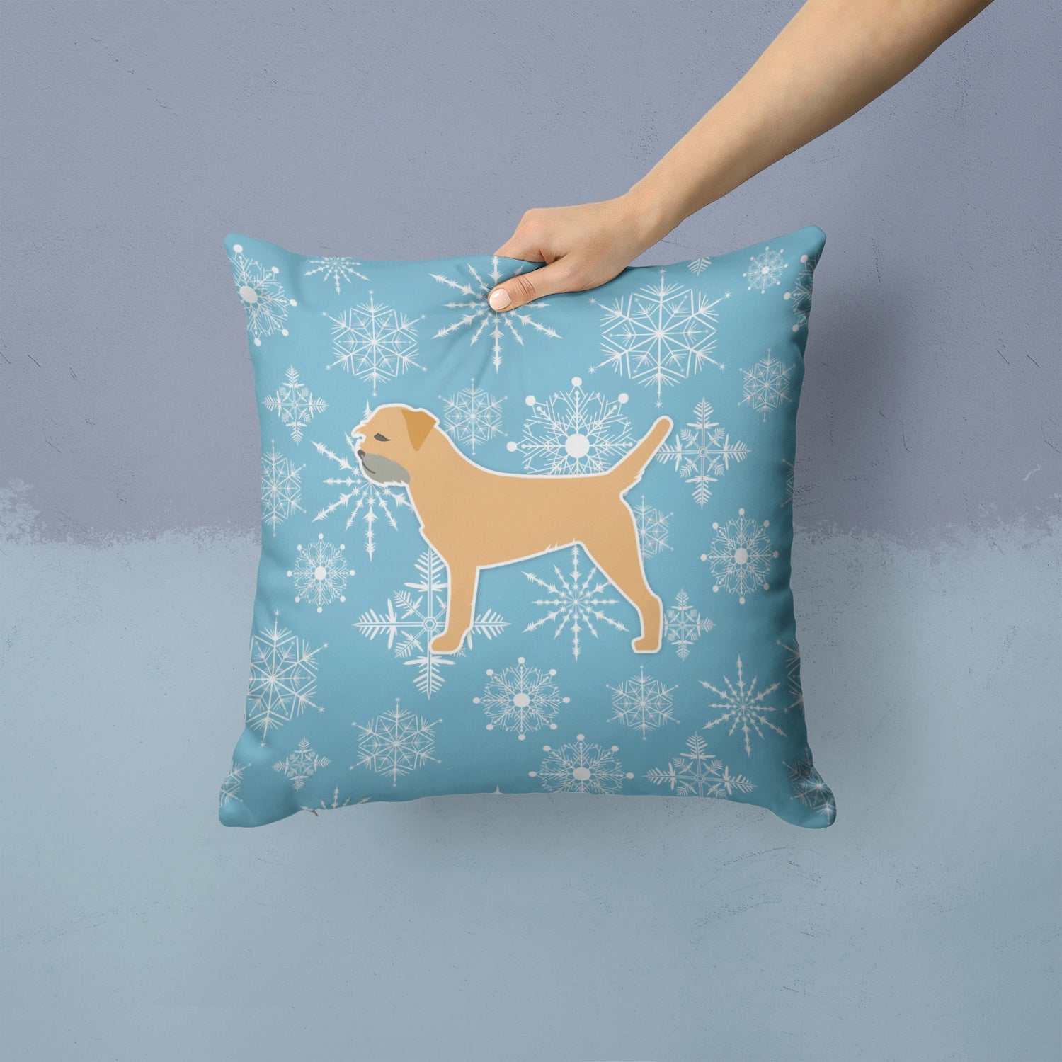 Winter Snowflake Border Terrier Decorative Throw Pillow 14x14 Indoor Outdoor Accent Cushion, Fabric Cover with Insert for Sofa, Bed, Porch & Living Room