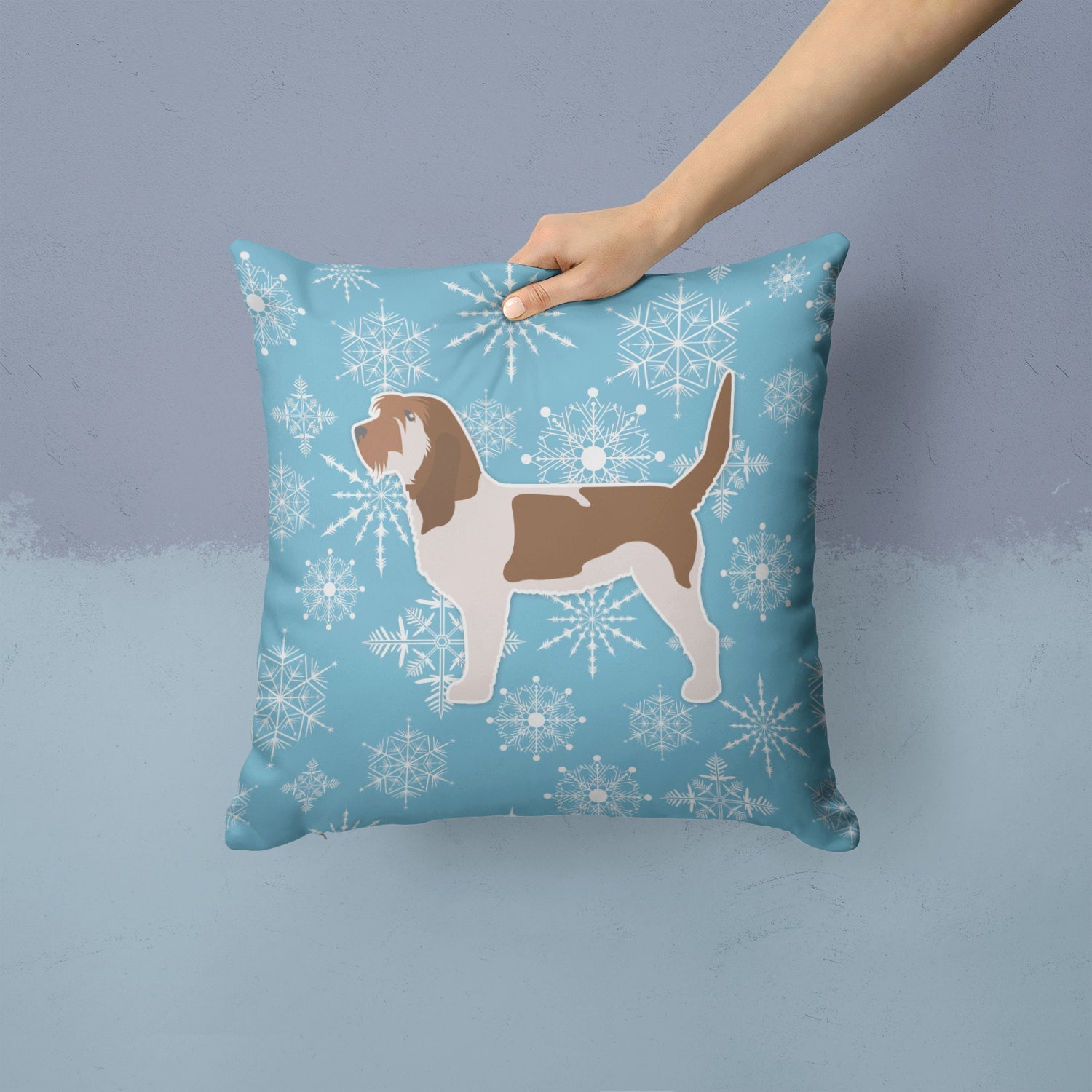 Winter Snowflake Grand Basset Griffon Vendeen Decorative Throw Pillow 14x14 Indoor Outdoor Accent Cushion, Fabric Cover with Insert for Sofa, Bed, Porch & Living Room