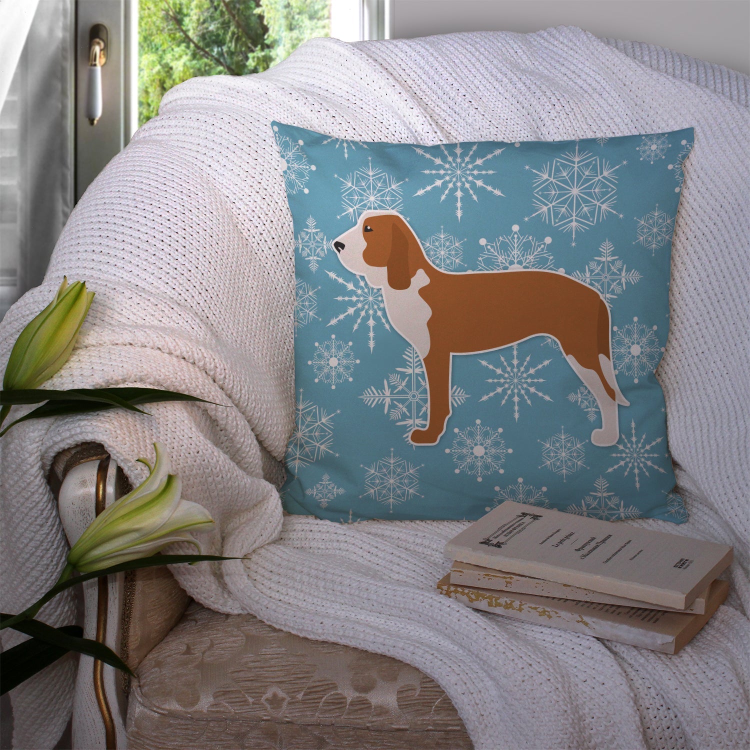 Winter Snowflake Spanish Hound Decorative Throw Pillow 14x14 Indoor Outdoor Accent Cushion, Fabric Cover with Insert for Sofa, Bed, Porch & Living Room