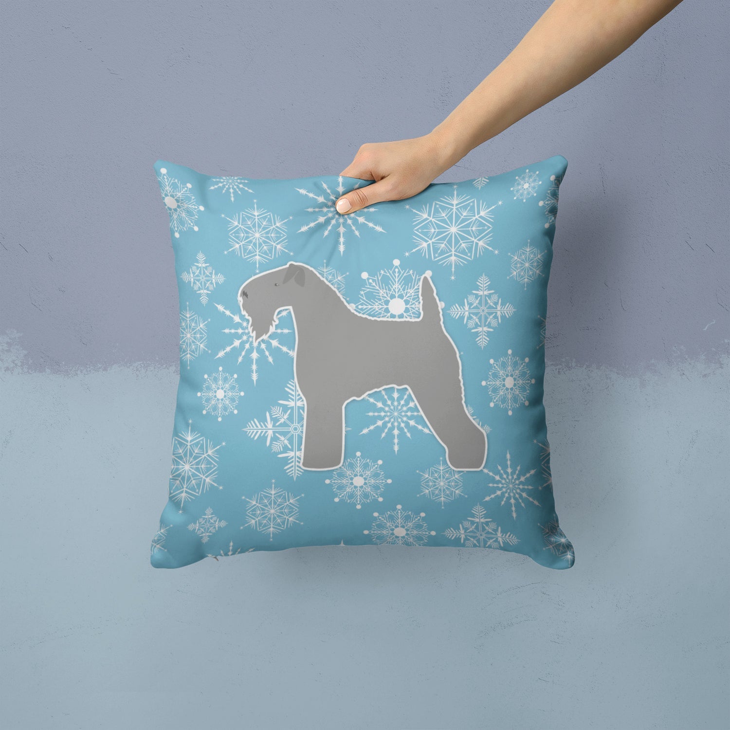 Winter Snowflake Kerry Blue Terrier Decorative Throw Pillow 14x14 Indoor Outdoor Accent Cushion, Fabric Cover with Insert for Sofa, Bed, Porch & Living Room