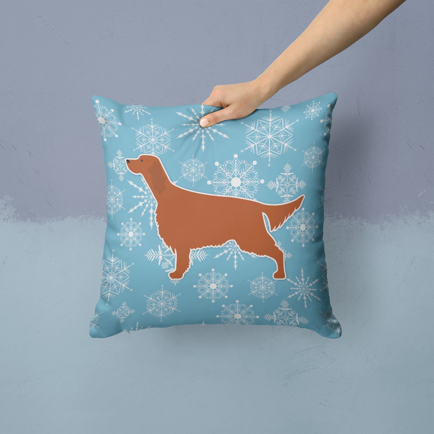 Winter Snowflake Irish Setter Decorative Throw Pillow 14x14 Indoor Outdoor Accent Cushion, Fabric Cover with Insert for Sofa, Bed, Porch & Living Room