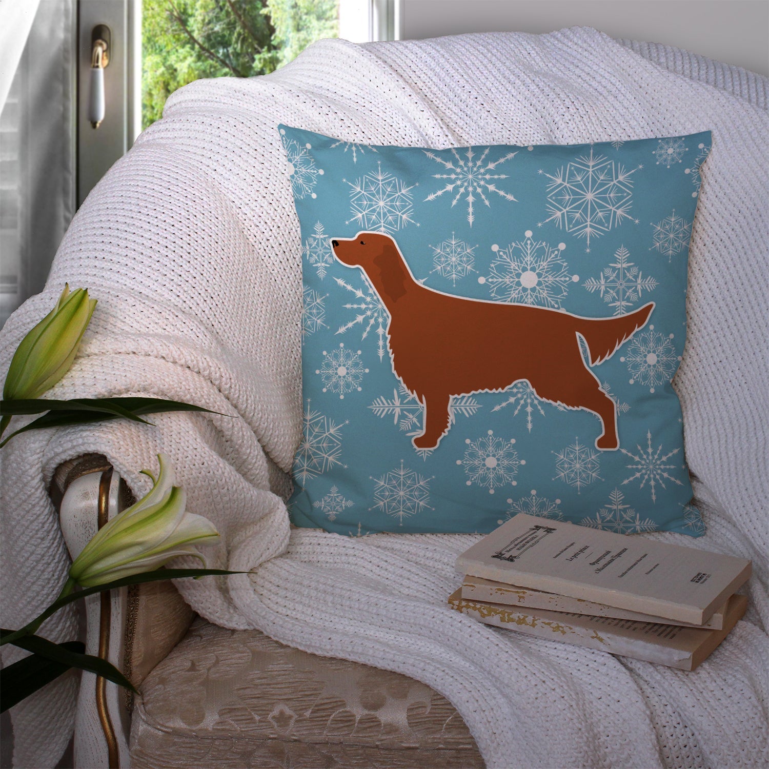 Winter Snowflake Irish Setter Decorative Throw Pillow 14x14 Indoor Outdoor Accent Cushion, Fabric Cover with Insert for Sofa, Bed, Porch & Living Room