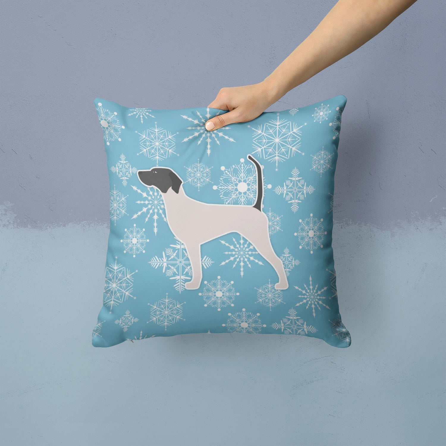 Winter Snowflake English Pointer Decorative Throw Pillow 14x14 Indoor Outdoor Accent Cushion, Fabric Cover with Insert for Sofa, Bed, Porch & Living Room