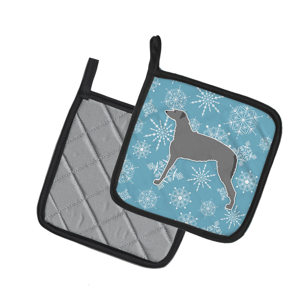 Winter Snowflake Scottish Deerhound Pot Holder Set of 2 Heat Resistant Quilted Hot Pads 7.5 x 7.5 Inch, Insulated Kitchen Trivets for Cooking & Baking