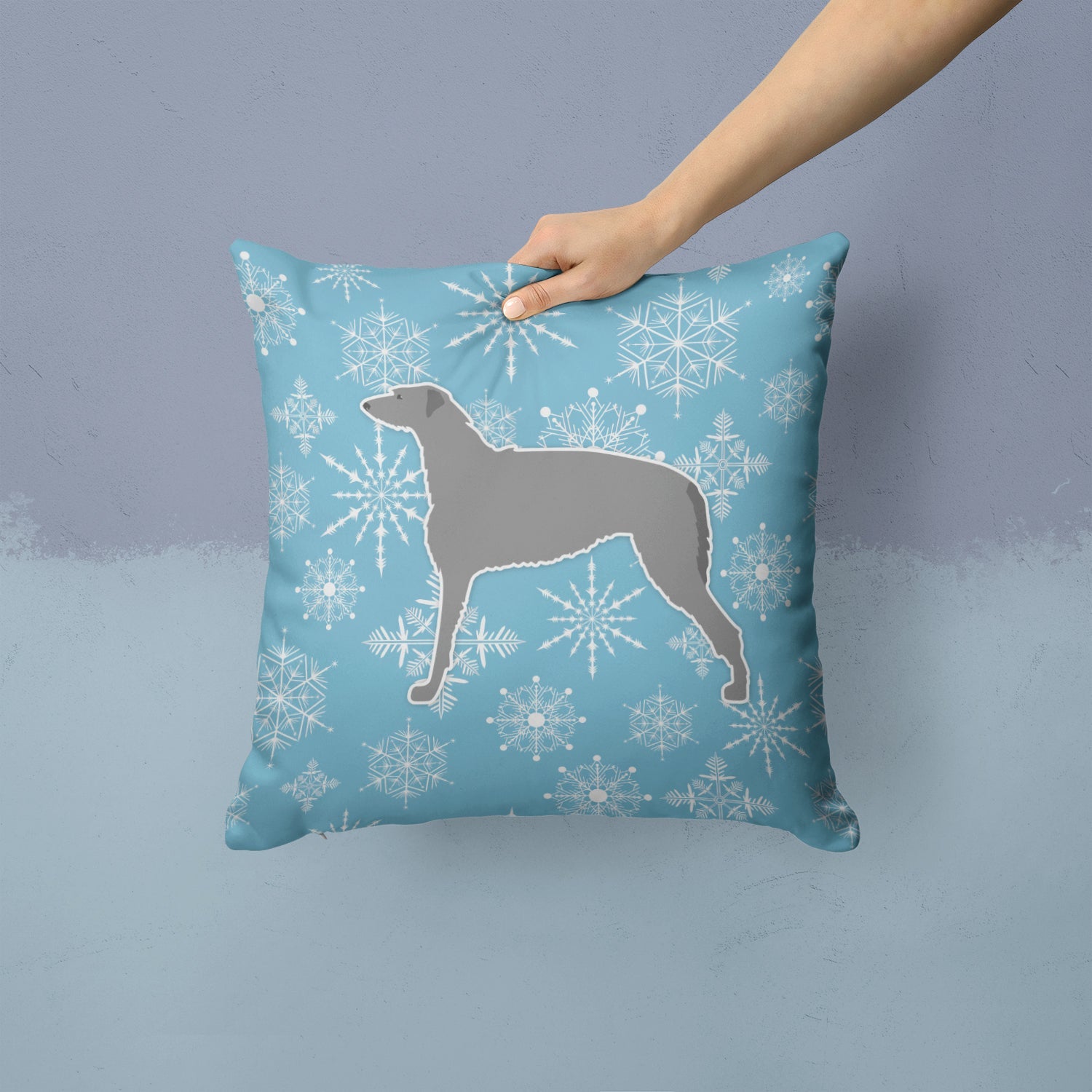 Winter Snowflake Scottish Deerhound Decorative Throw Pillow 14x14 Indoor Outdoor Accent Cushion, Fabric Cover with Insert for Sofa, Bed, Porch & Living Room