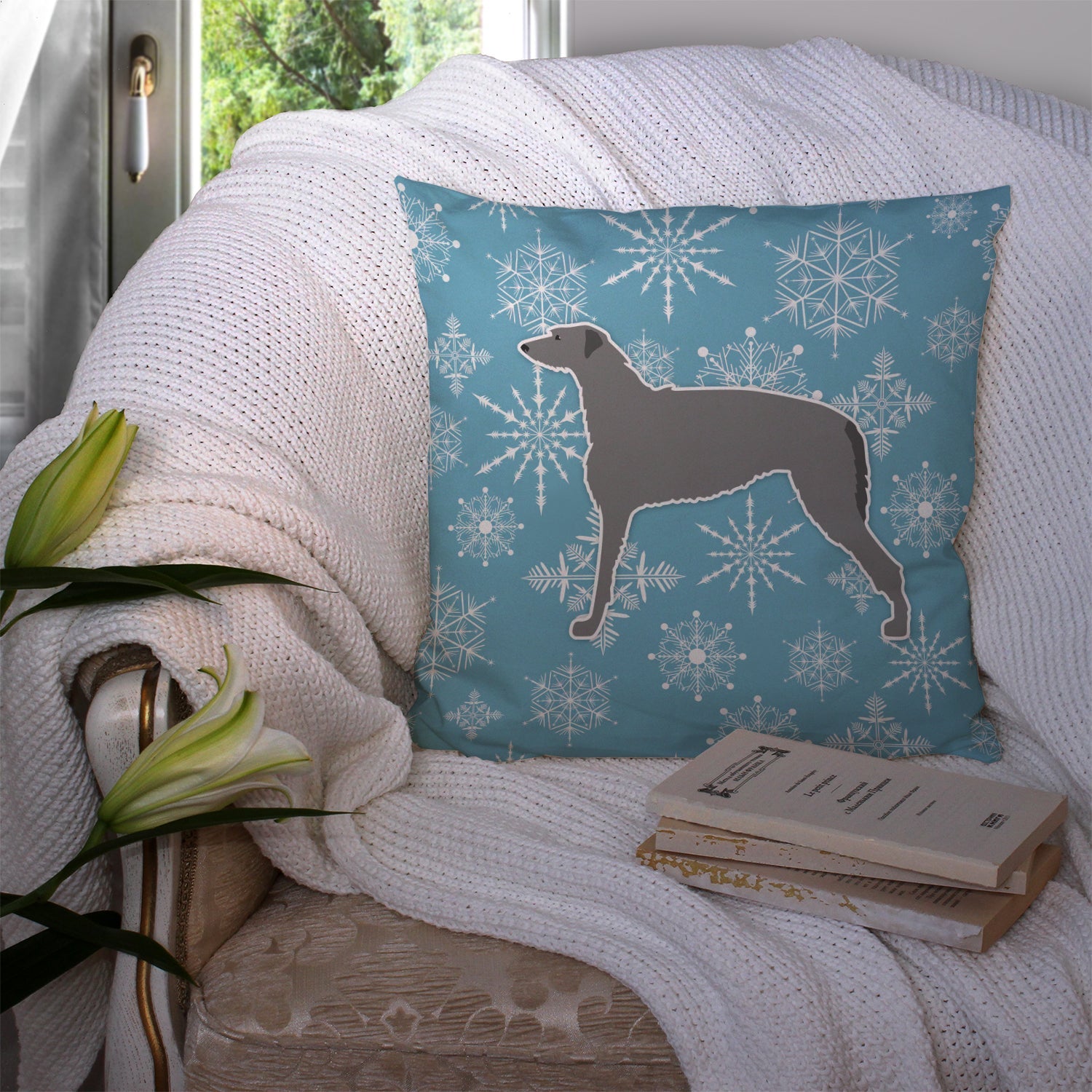 Winter Snowflake Scottish Deerhound Decorative Throw Pillow 14x14 Indoor Outdoor Accent Cushion, Fabric Cover with Insert for Sofa, Bed, Porch & Living Room