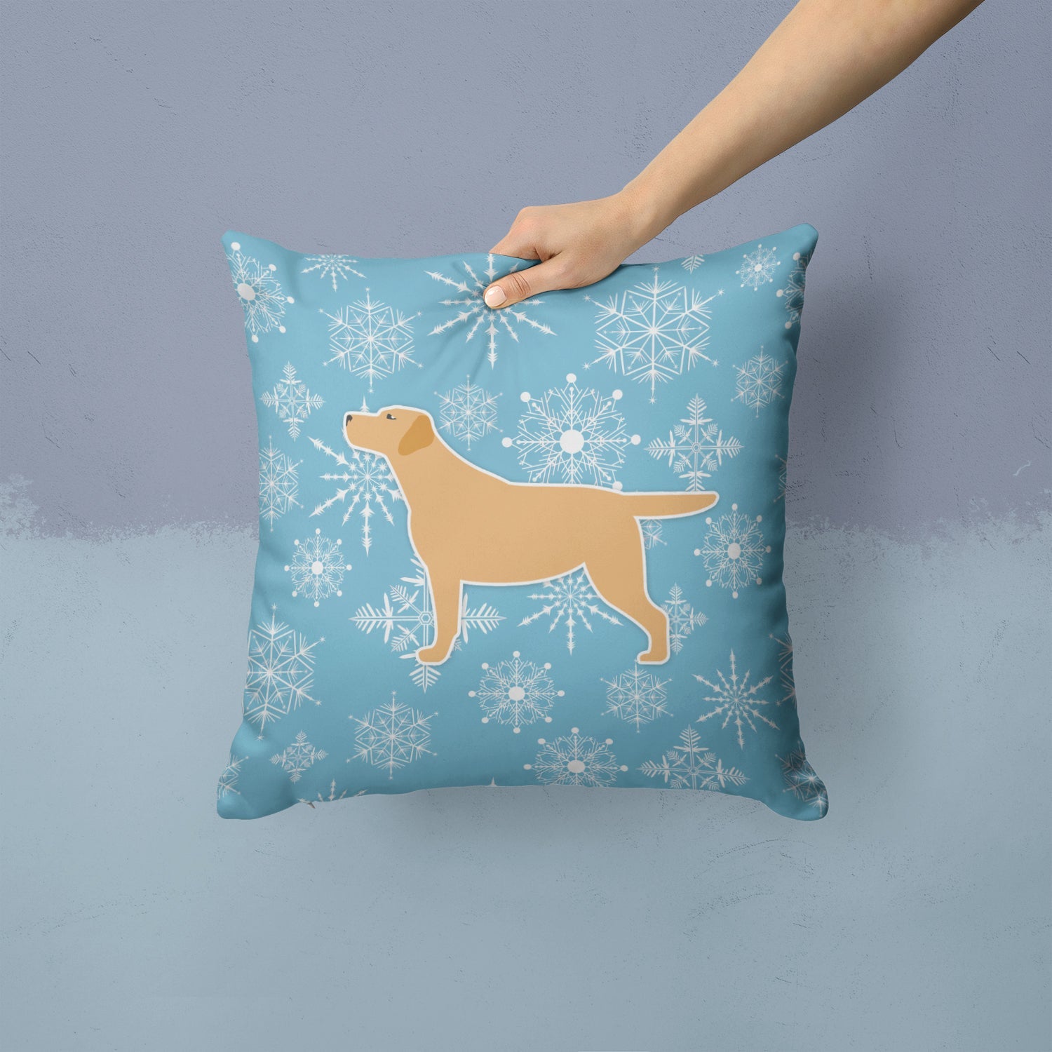 Winter Snowflake Yellow Labrador Retriever Decorative Throw Pillow 14x14 Indoor Outdoor Accent Cushion, Fabric Cover with Insert for Sofa, Bed, Porch & Living Room