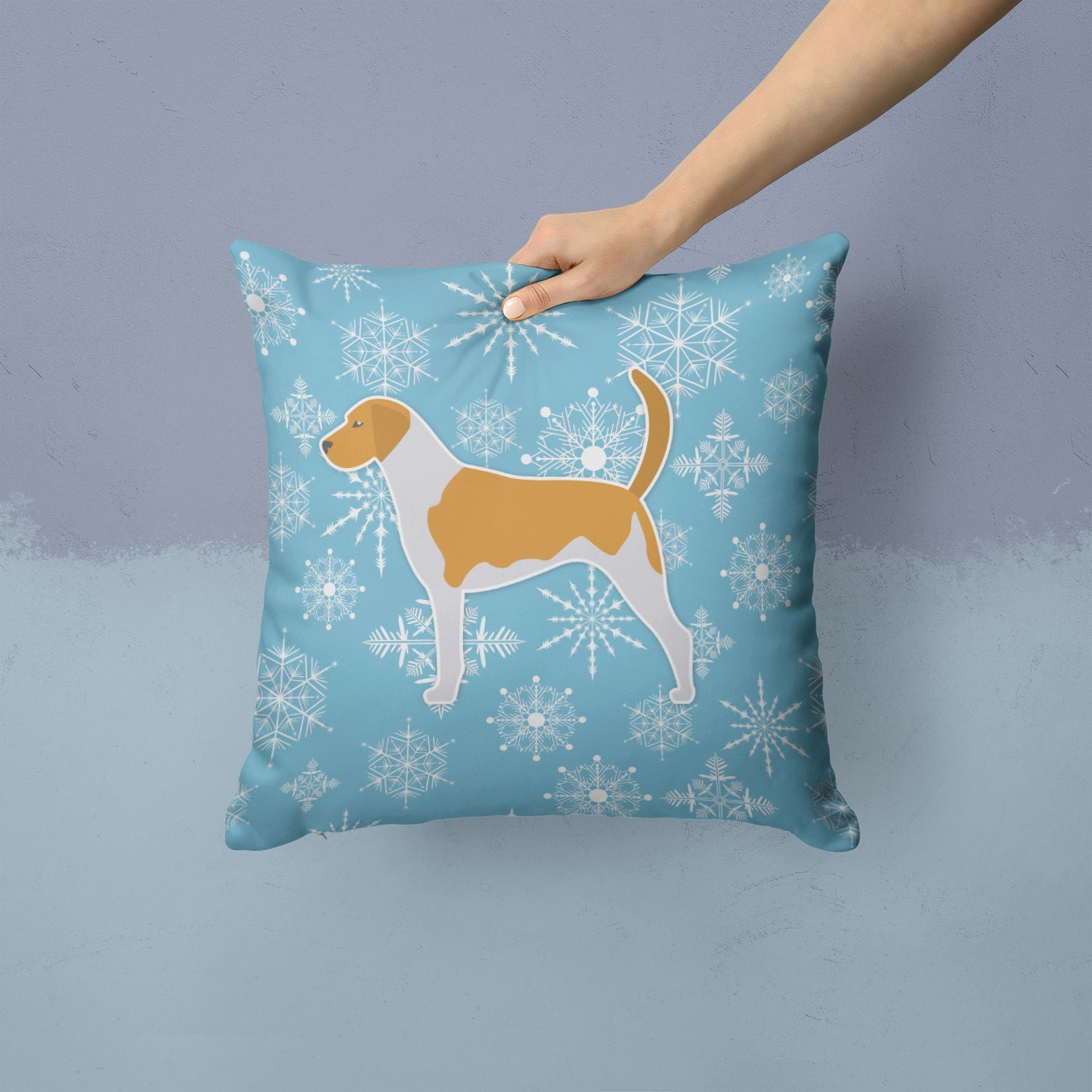 Winter Snowflake American Foxhound Decorative Throw Pillow 14x14 Indoor Outdoor Accent Cushion, Fabric Cover with Insert for Sofa, Bed, Porch & Living Room