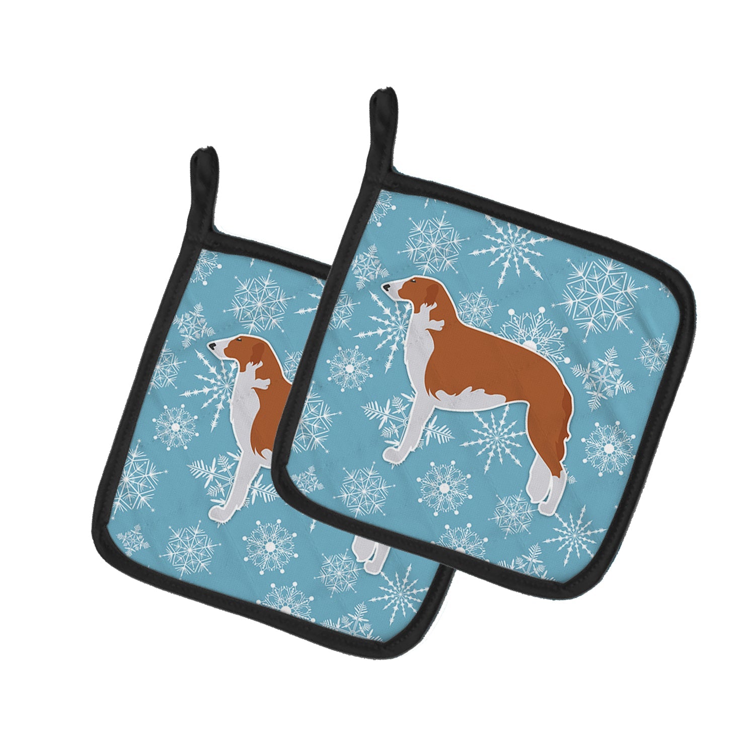 Winter Snowflake Borzoi Russian Greyhound Pot Holder Set of 2 Heat Resistant Quilted Hot Pads 7.5 x 7.5 Inch, Insulated Kitchen Trivets for Cooking & Baking