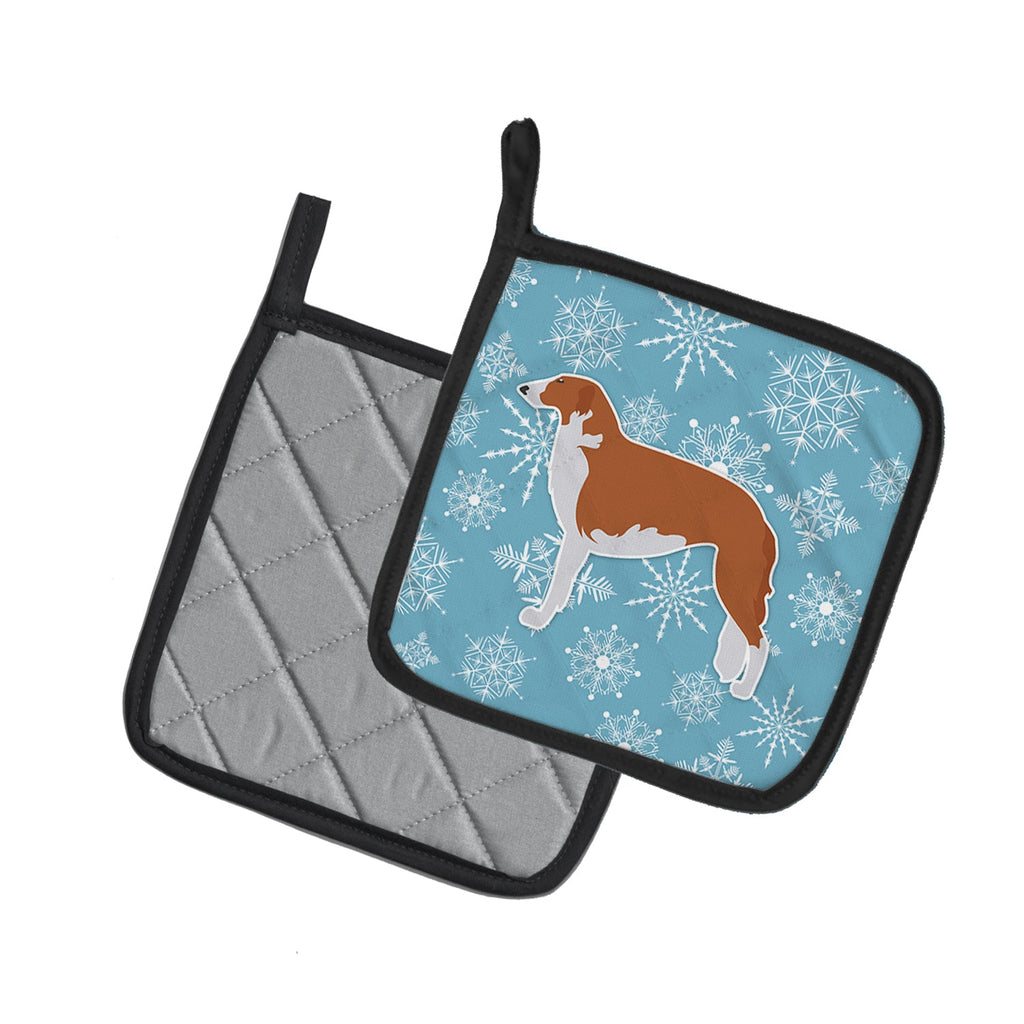 Winter Snowflake Borzoi Russian Greyhound Pot Holder Set of 2 Heat Resistant Quilted Hot Pads 7.5 x 7.5 Inch, Insulated Kitchen Trivets for Cooking & Baking