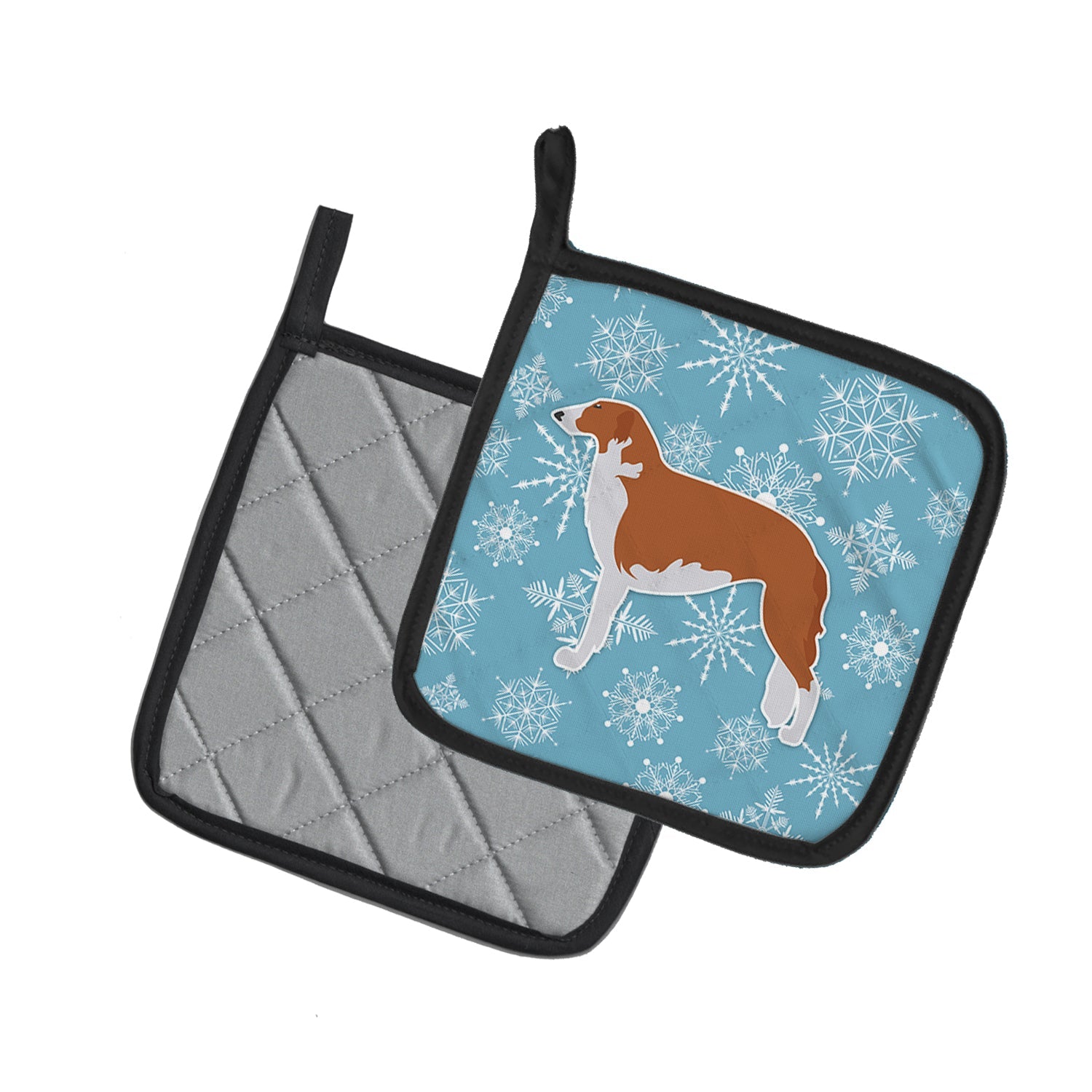 Winter Snowflake Borzoi Russian Greyhound Pot Holder Set of 2 Heat Resistant Quilted Hot Pads 7.5 x 7.5 Inch, Insulated Kitchen Trivets for Cooking & Baking