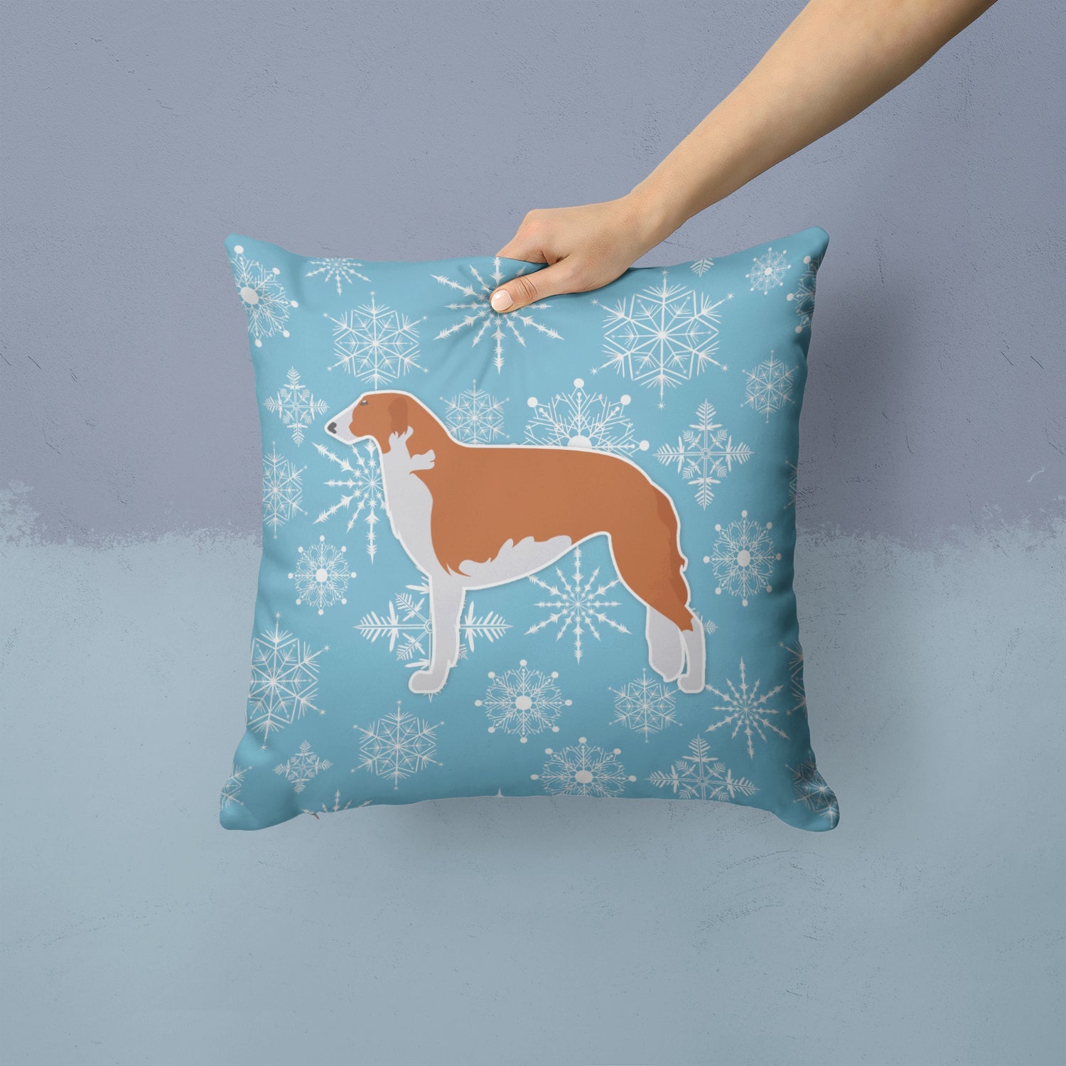 Winter Snowflake Borzoi Russian Greyhound Decorative Throw Pillow 14x14 Indoor Outdoor Accent Cushion, Fabric Cover with Insert for Sofa, Bed, Porch & Living Room