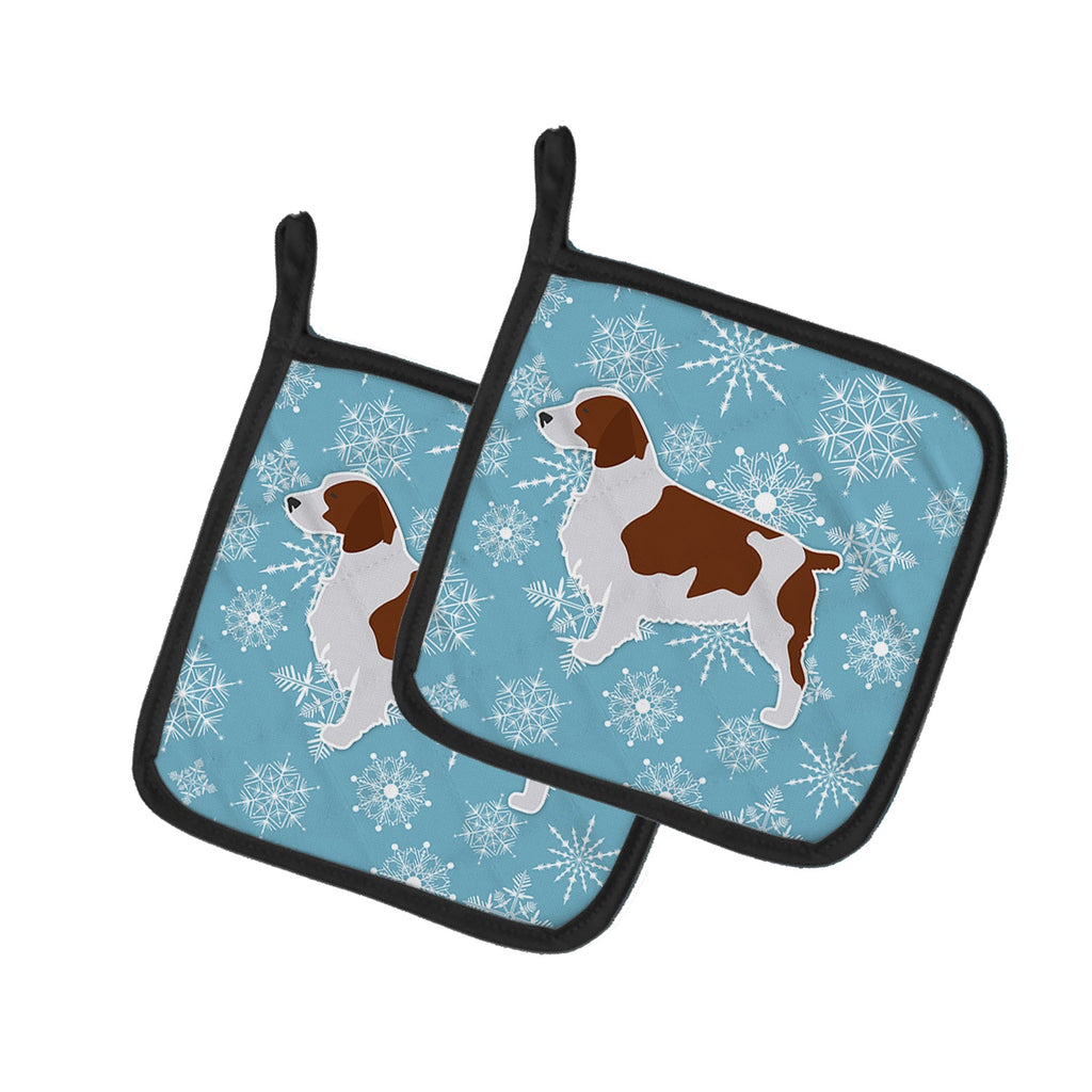Winter Snowflake Welsh Springer Spaniel Pot Holder Set of 2 Heat Resistant Quilted Hot Pads 7.5 x 7.5 Inch, Insulated Kitchen Trivets for Cooking & Baking