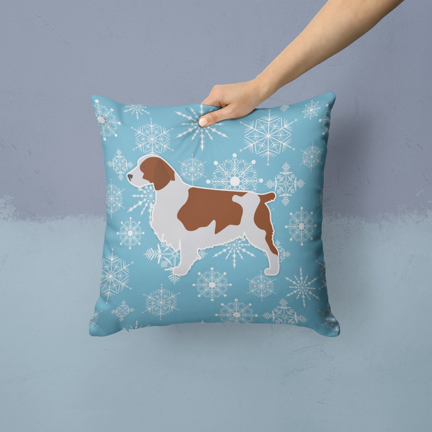 Winter Snowflake Welsh Springer Spaniel Decorative Throw Pillow 14x14 Indoor Outdoor Accent Cushion, Fabric Cover with Insert for Sofa, Bed, Porch & Living Room