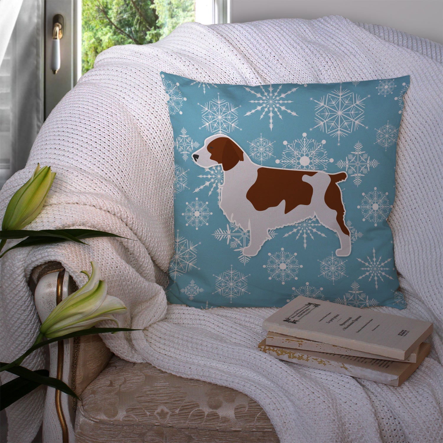 Winter Snowflake Welsh Springer Spaniel Decorative Throw Pillow 14x14 Indoor Outdoor Accent Cushion, Fabric Cover with Insert for Sofa, Bed, Porch & Living Room