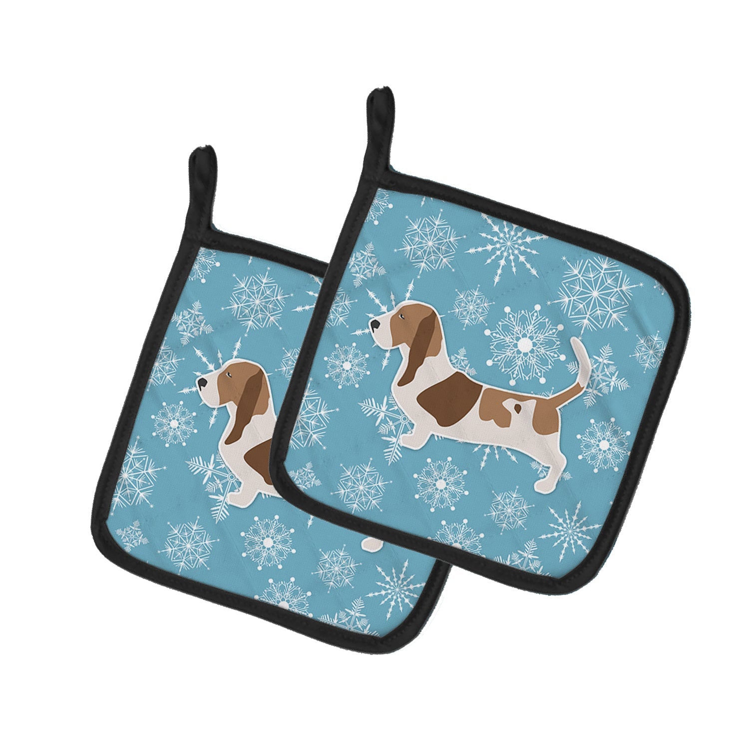 Winter Snowflake Basset Hound Pot Holder Set of 2 Heat Resistant Quilted Hot Pads 7.5 x 7.5 Inch, Insulated Kitchen Trivets for Cooking & Baking