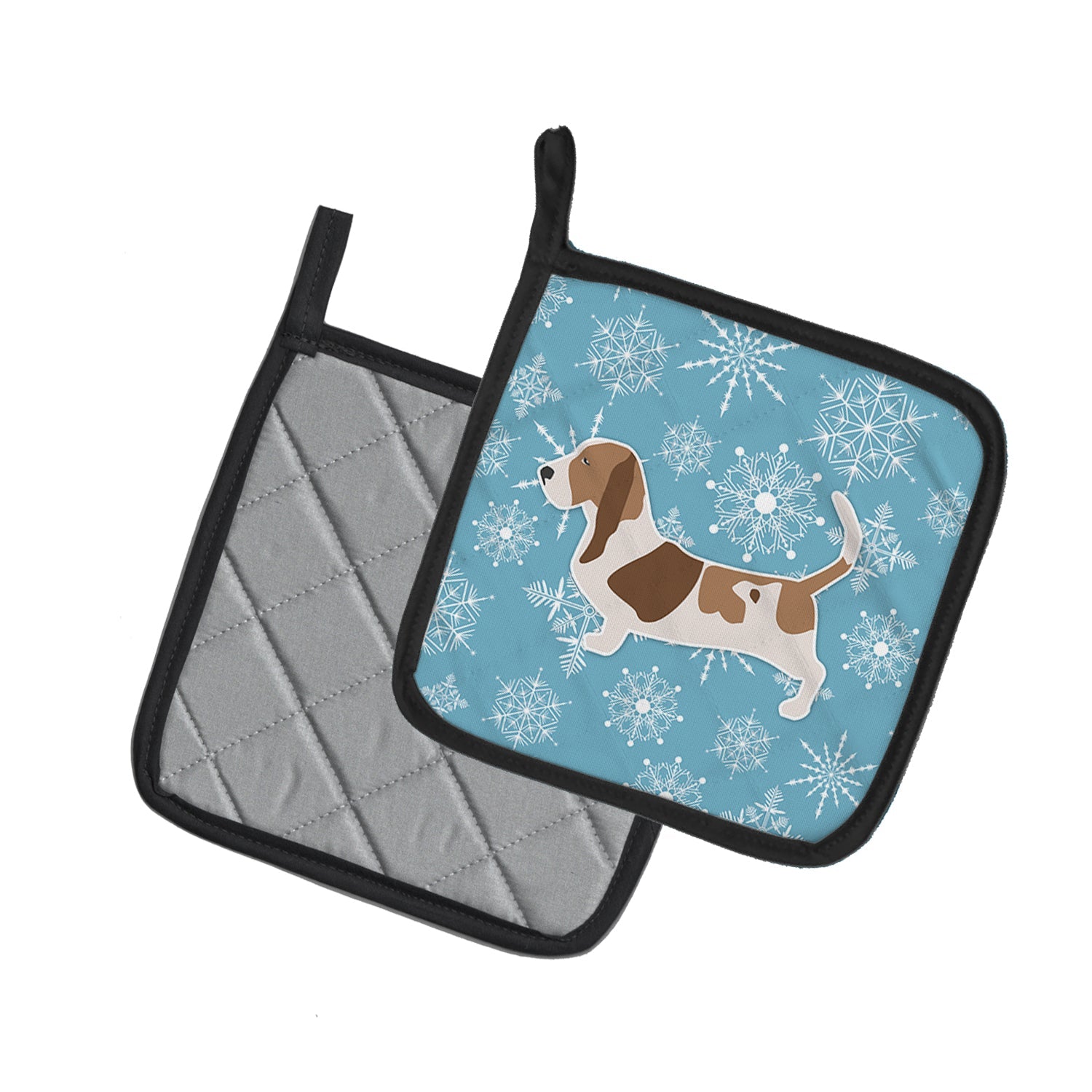 Winter Snowflake Basset Hound Pot Holder Set of 2 Heat Resistant Quilted Hot Pads 7.5 x 7.5 Inch, Insulated Kitchen Trivets for Cooking & Baking