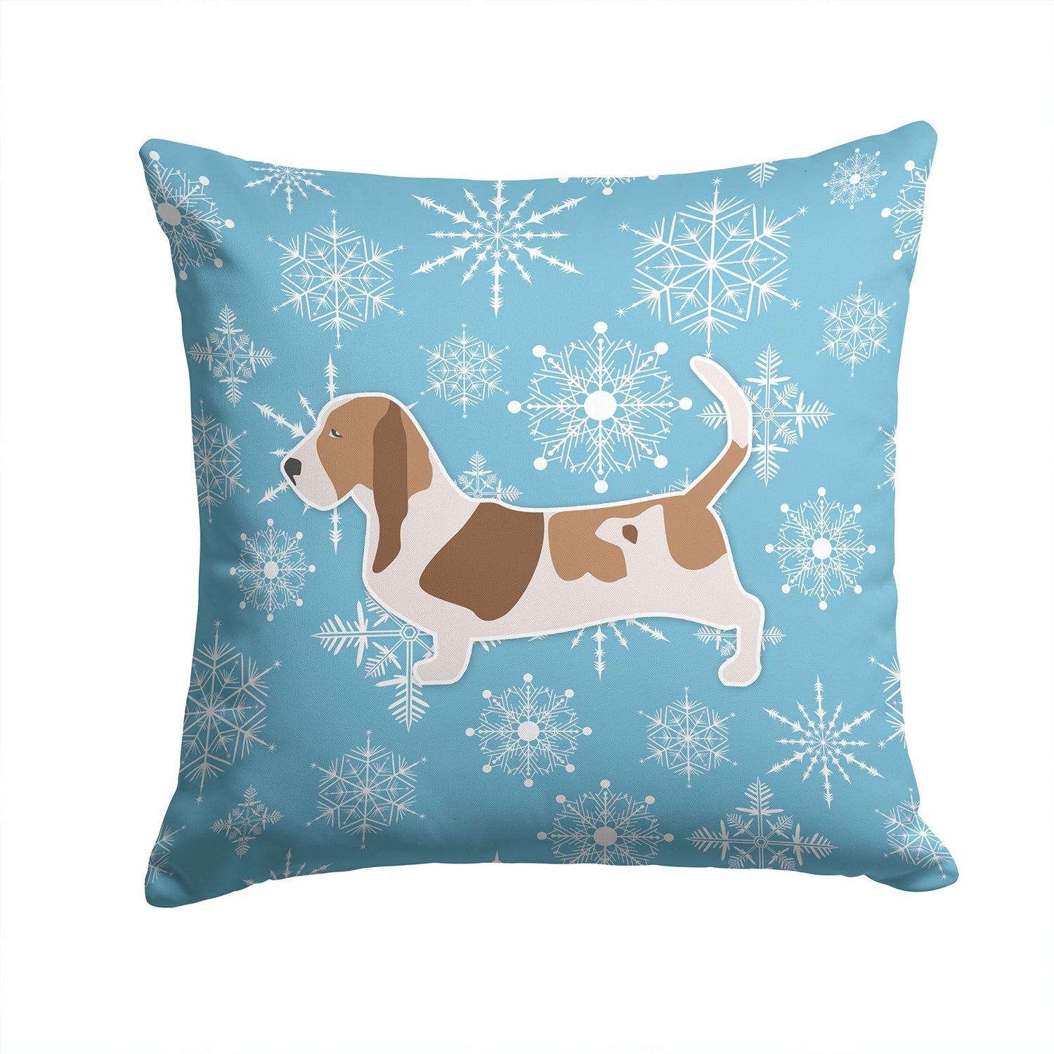Winter Snowflake Basset Hound Decorative Throw Pillow 14x14 Indoor Outdoor Accent Cushion, Fabric Cover with Insert for Sofa, Bed, Porch & Living Room