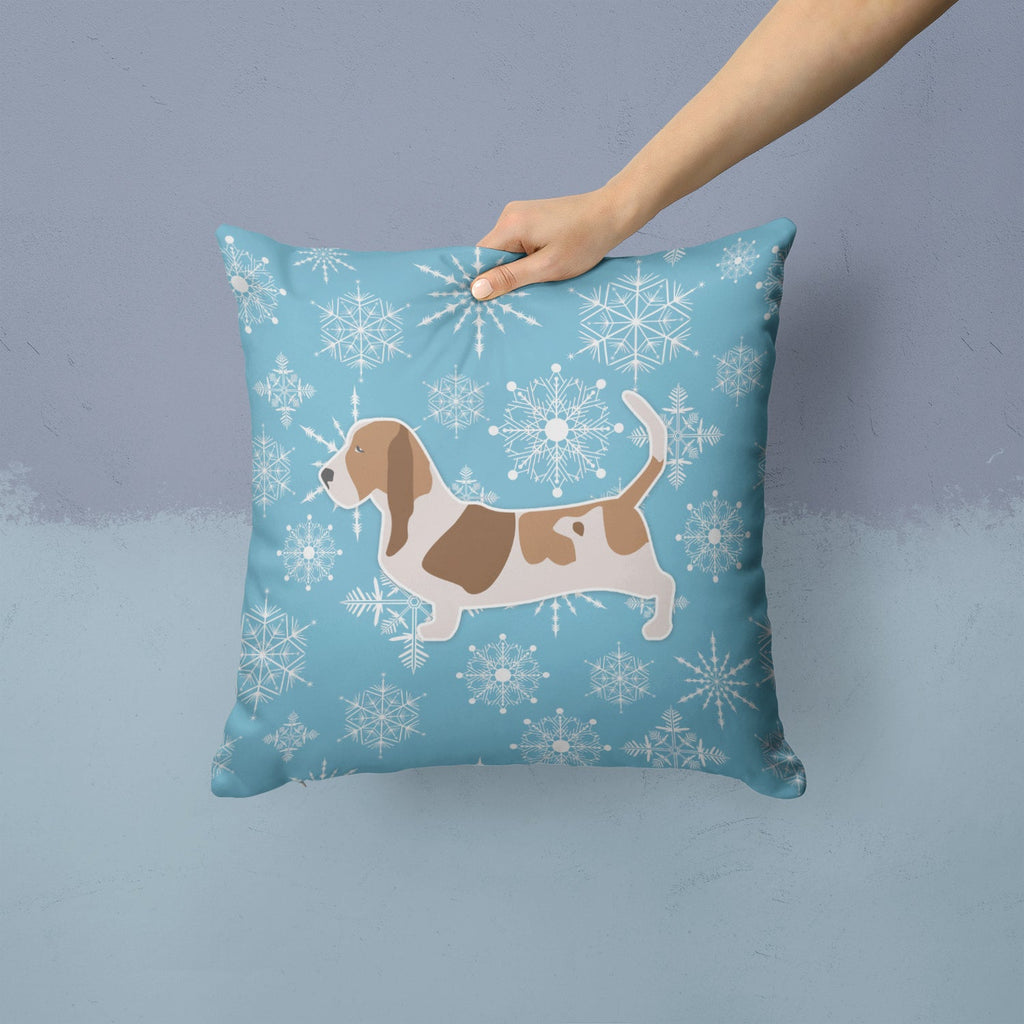 Winter Snowflake Basset Hound Decorative Throw Pillow 14x14 Indoor Outdoor Accent Cushion, Fabric Cover with Insert for Sofa, Bed, Porch & Living Room