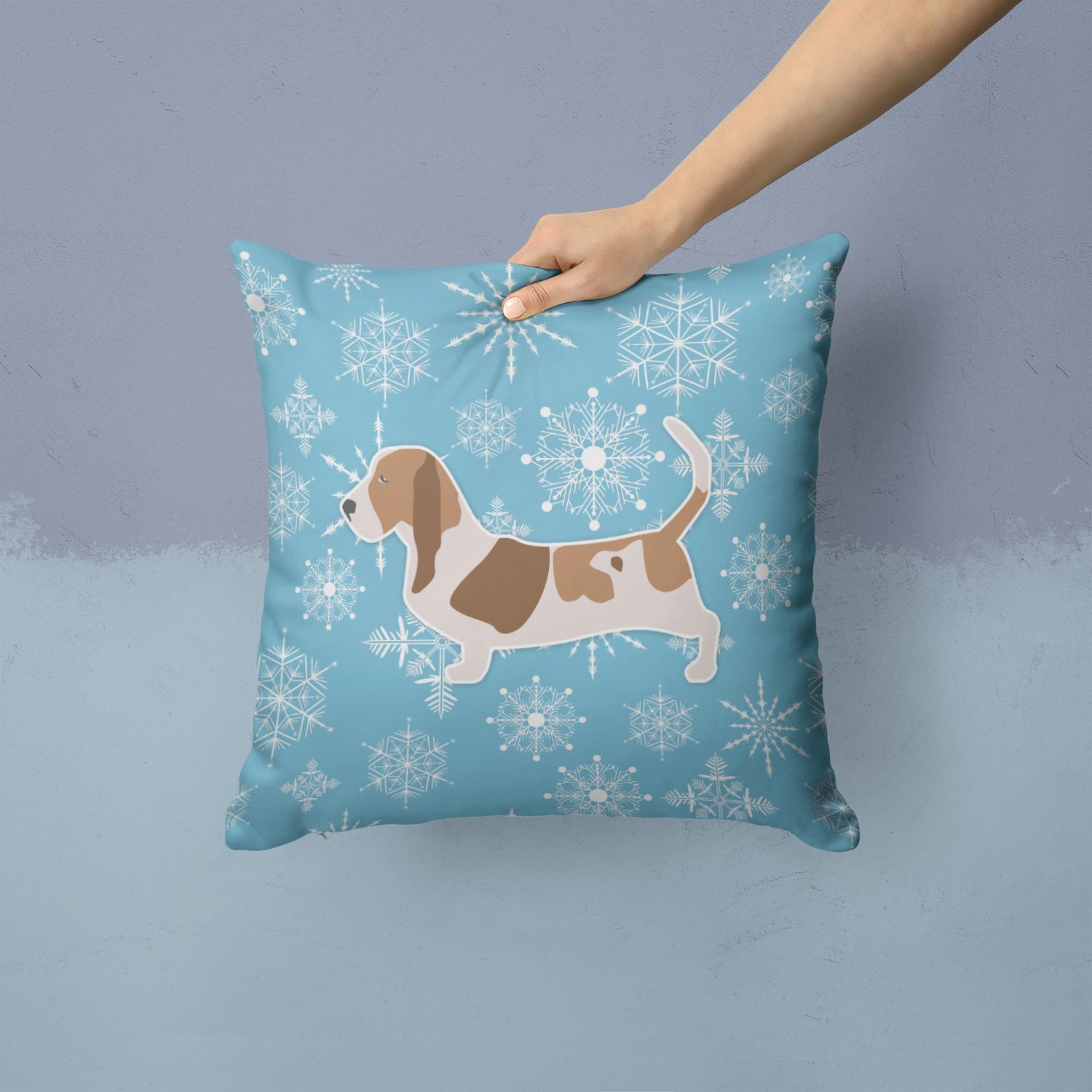 Winter Snowflake Basset Hound Decorative Throw Pillow 14x14 Indoor Outdoor Accent Cushion, Fabric Cover with Insert for Sofa, Bed, Porch & Living Room
