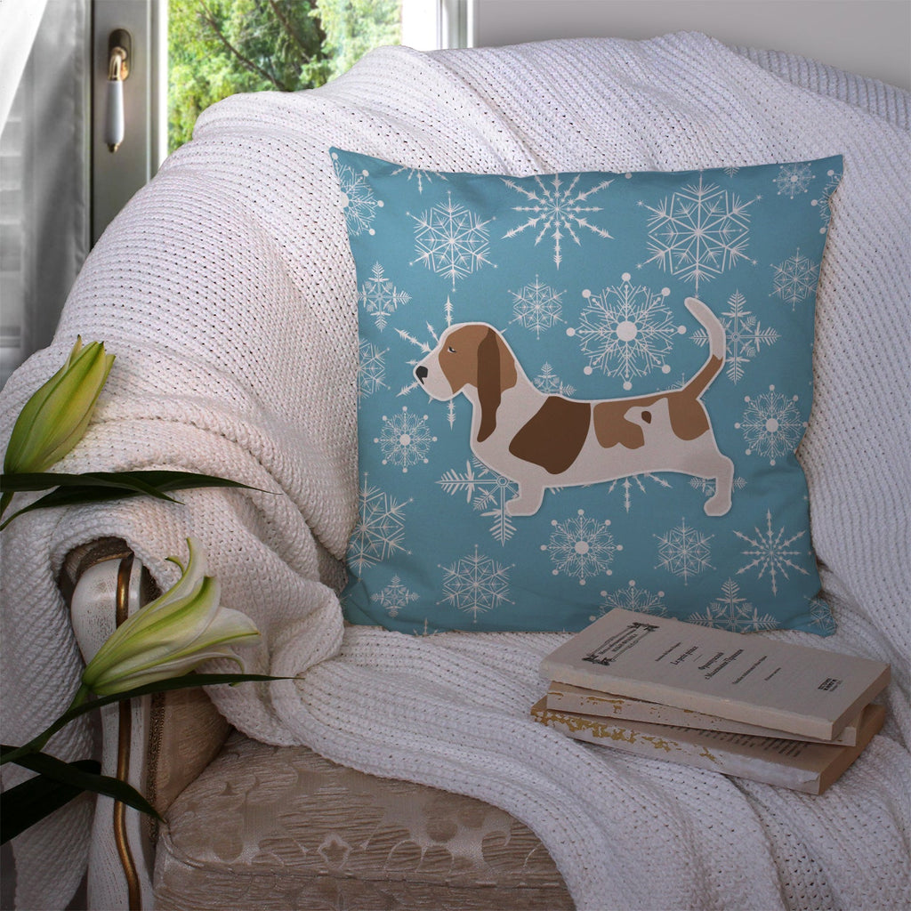 Winter Snowflake Basset Hound Decorative Throw Pillow 14x14 Indoor Outdoor Accent Cushion, Fabric Cover with Insert for Sofa, Bed, Porch & Living Room