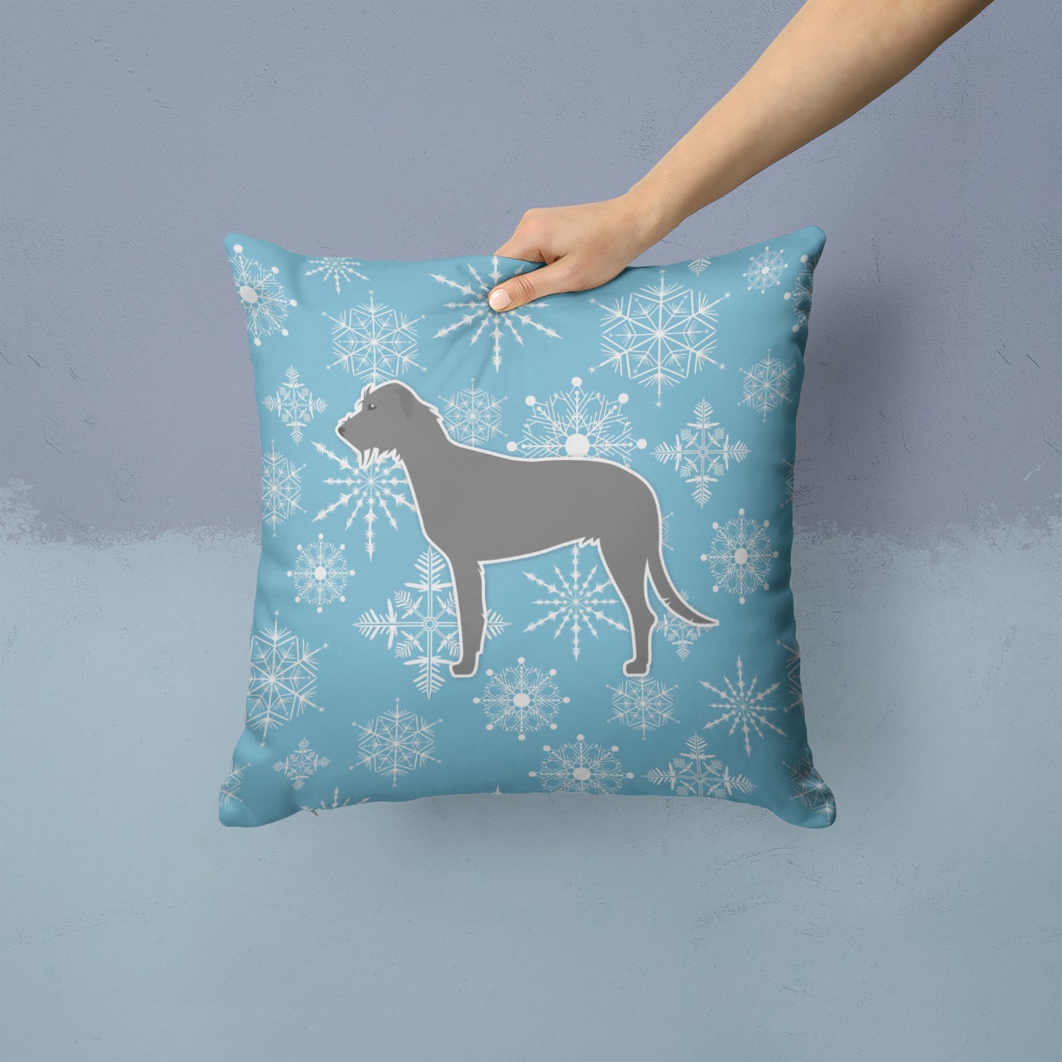 Winter Snowflake Irish Wolfhound Decorative Throw Pillow 14x14 Indoor Outdoor Accent Cushion, Fabric Cover with Insert for Sofa, Bed, Porch & Living Room