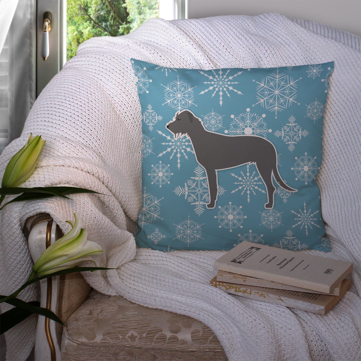 Winter Snowflake Irish Wolfhound Decorative Throw Pillow 14x14 Indoor Outdoor Accent Cushion, Fabric Cover with Insert for Sofa, Bed, Porch & Living Room