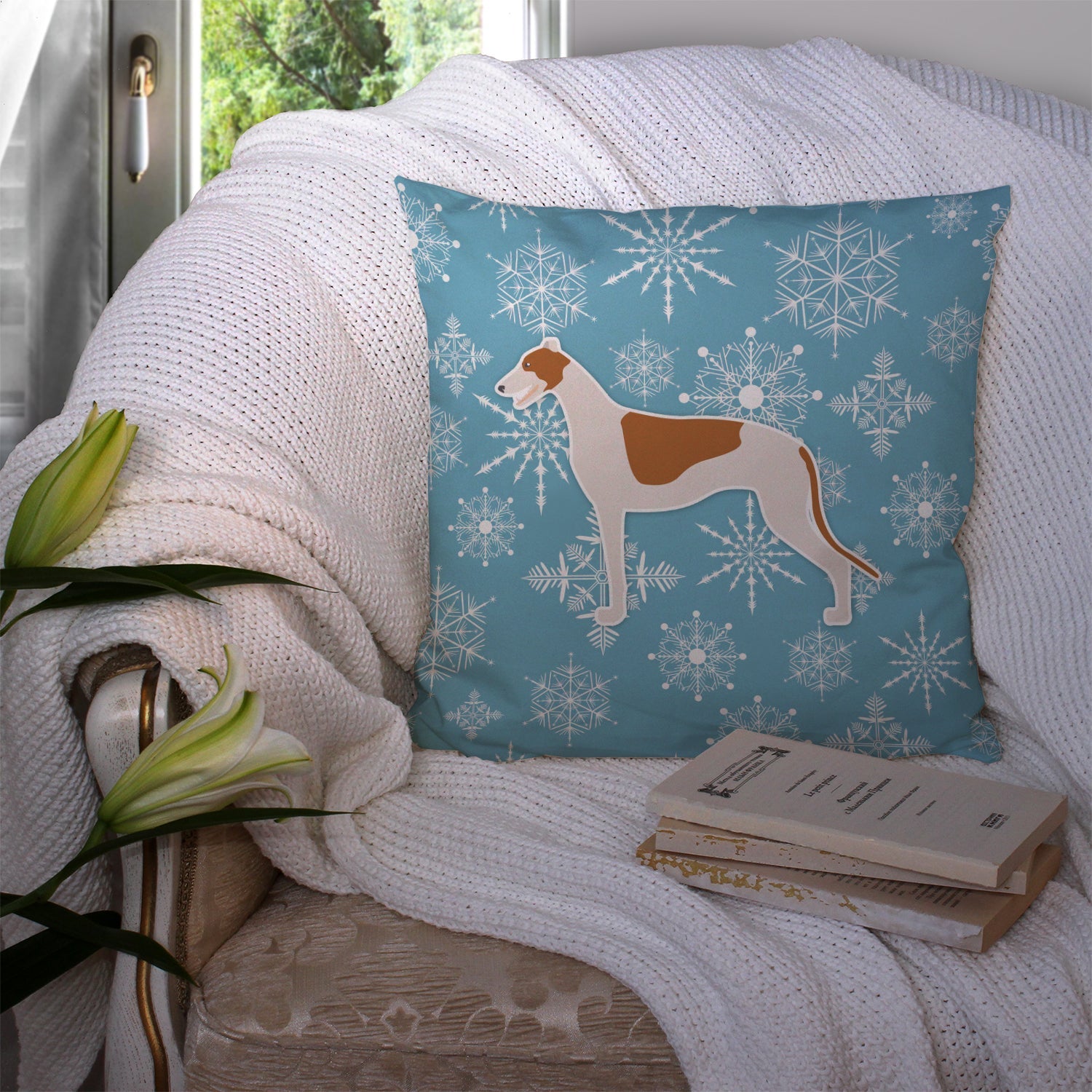 Winter Snowflake Greyhound Decorative Throw Pillow 14x14 Indoor Outdoor Accent Cushion, Fabric Cover with Insert for Sofa, Bed, Porch & Living Room