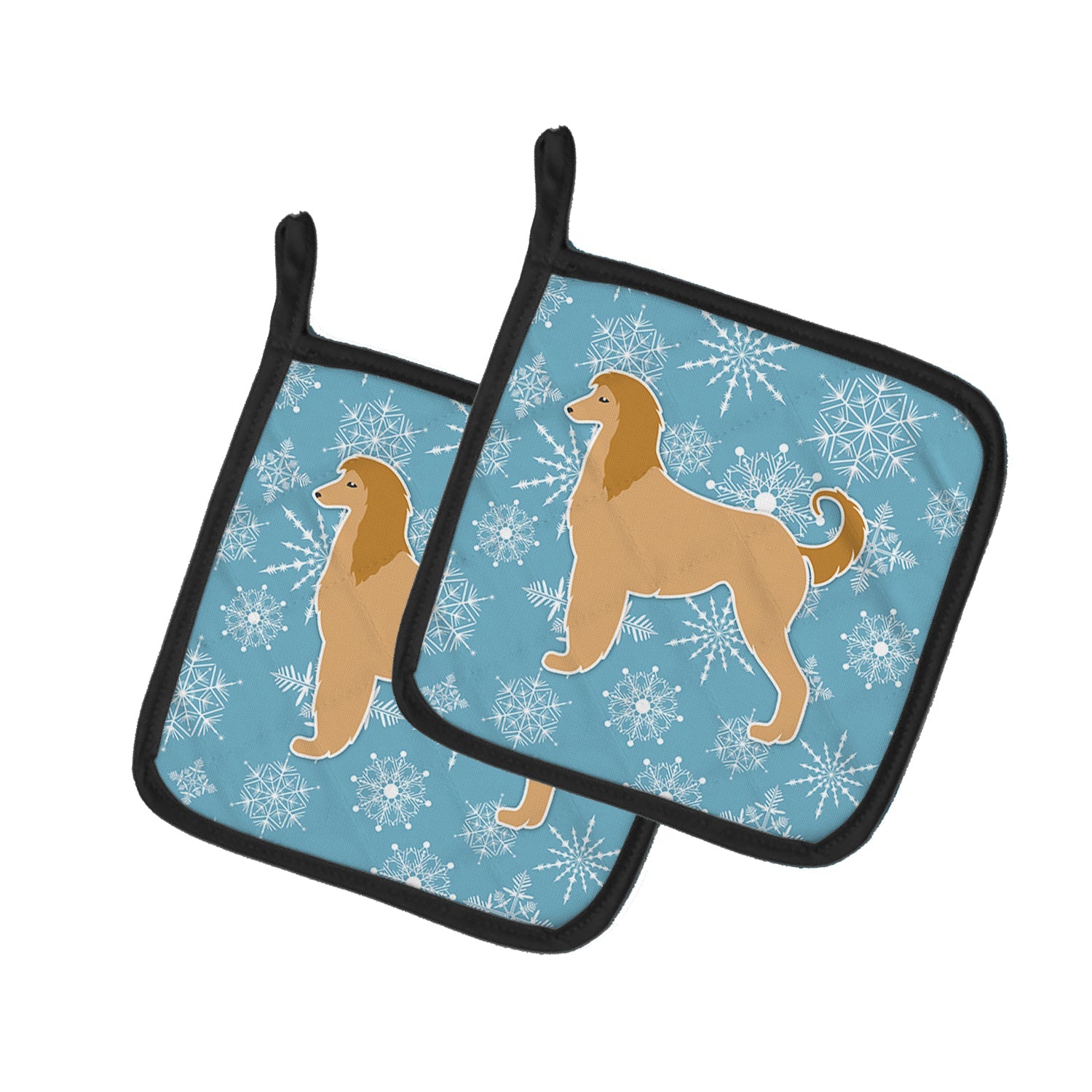 Winter Snowflake Afghan Hound Pot Holder Set of 2 Heat Resistant Quilted Hot Pads 7.5 x 7.5 Inch, Insulated Kitchen Trivets for Cooking & Baking