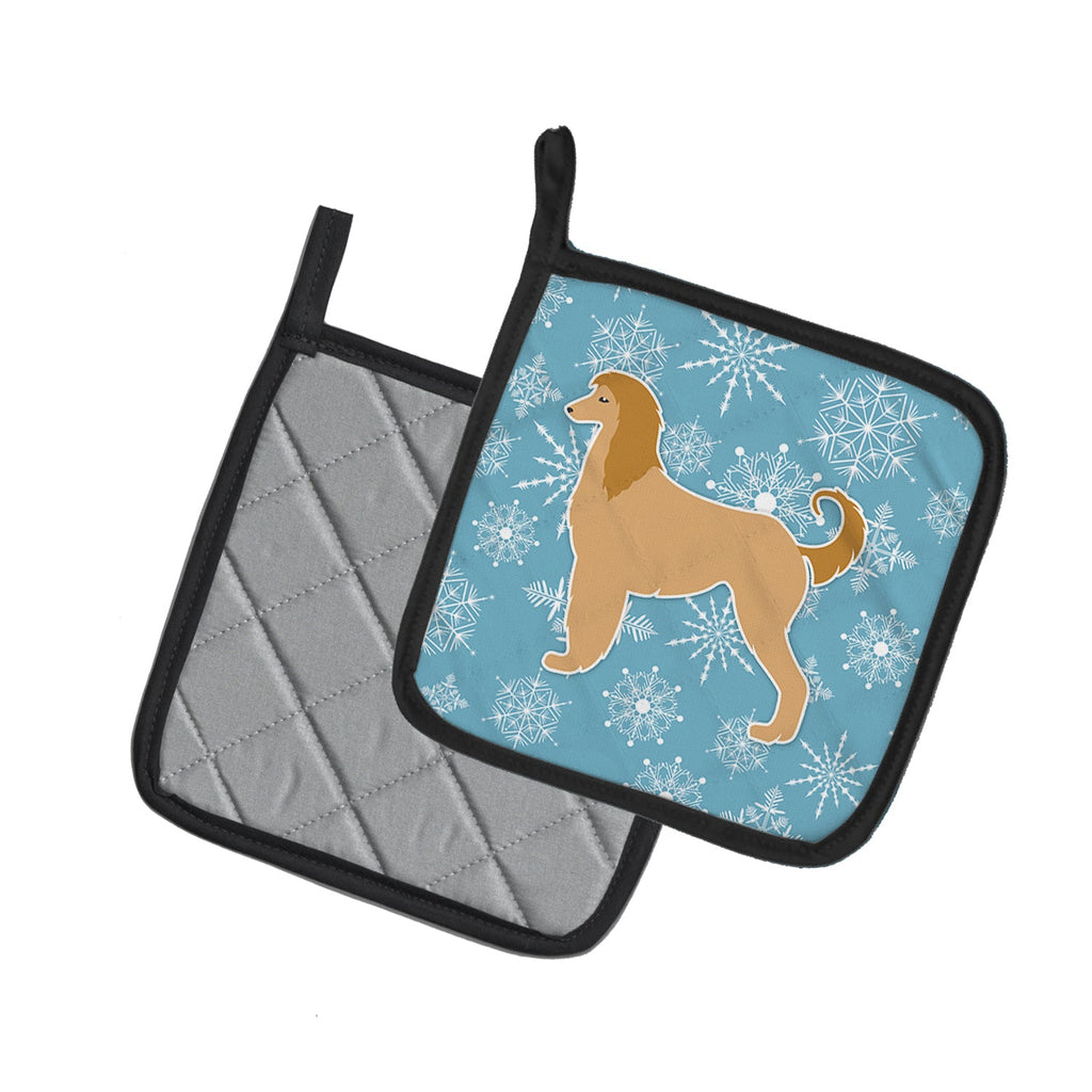 Winter Snowflake Afghan Hound Pot Holder Set of 2 Heat Resistant Quilted Hot Pads 7.5 x 7.5 Inch, Insulated Kitchen Trivets for Cooking & Baking