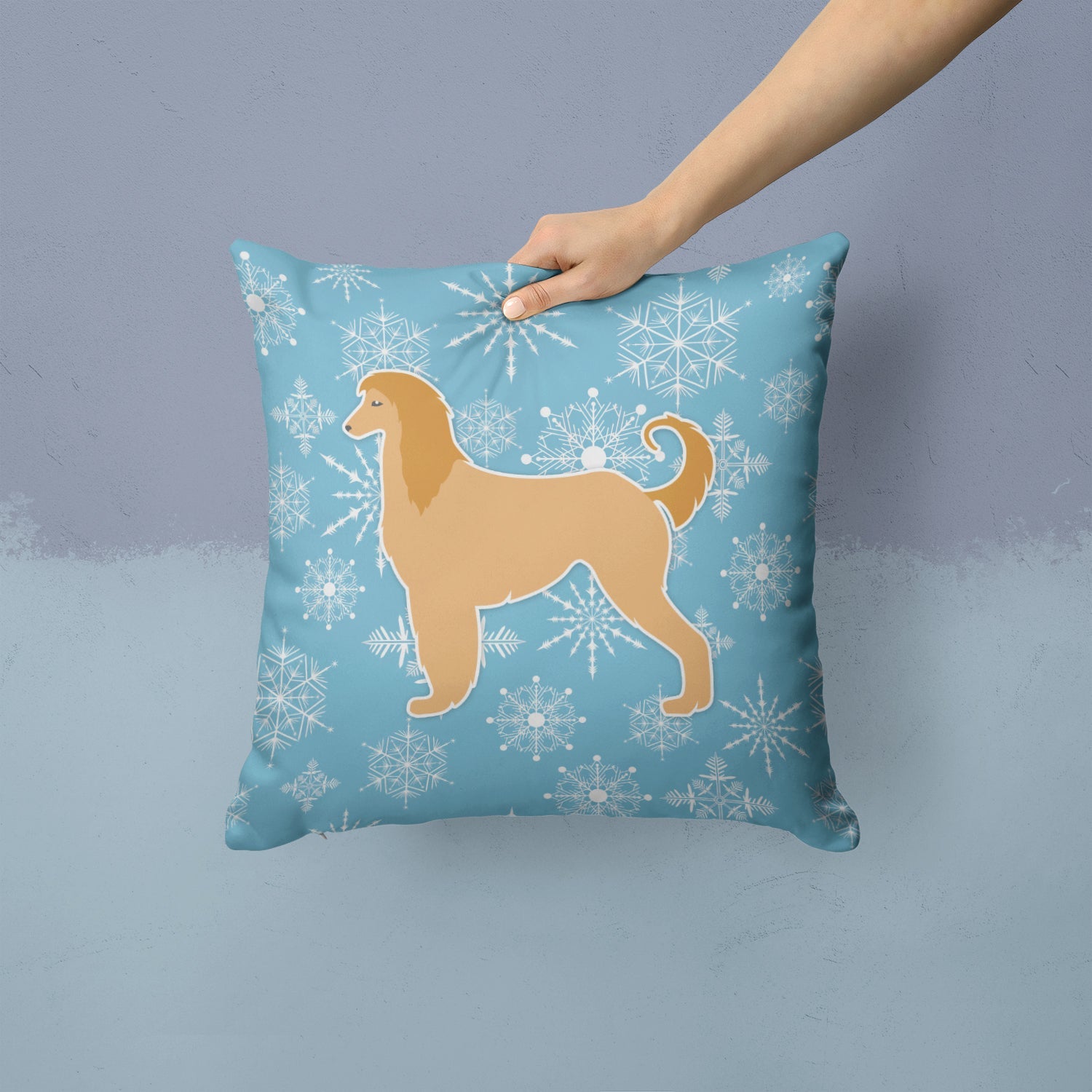 Winter Snowflake Afghan Hound Decorative Throw Pillow 14x14 Indoor Outdoor Accent Cushion, Fabric Cover with Insert for Sofa, Bed, Porch & Living Room