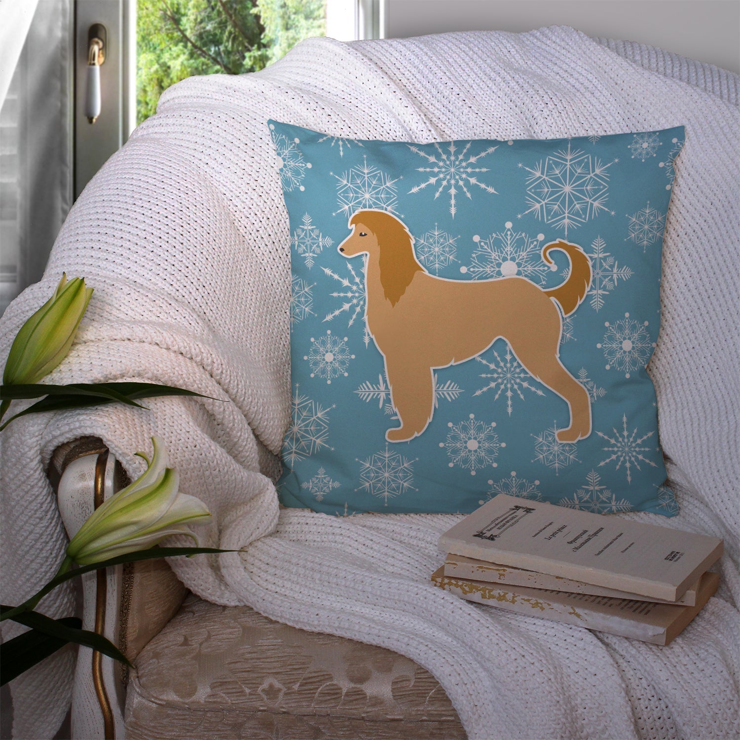 Winter Snowflake Afghan Hound Decorative Throw Pillow 14x14 Indoor Outdoor Accent Cushion, Fabric Cover with Insert for Sofa, Bed, Porch & Living Room