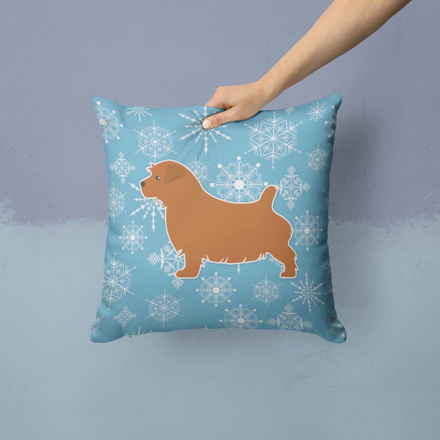 Winter Snowflake Norfolk Terrier Decorative Throw Pillow 14x14 Indoor Outdoor Accent Cushion, Fabric Cover with Insert for Sofa, Bed, Porch & Living Room