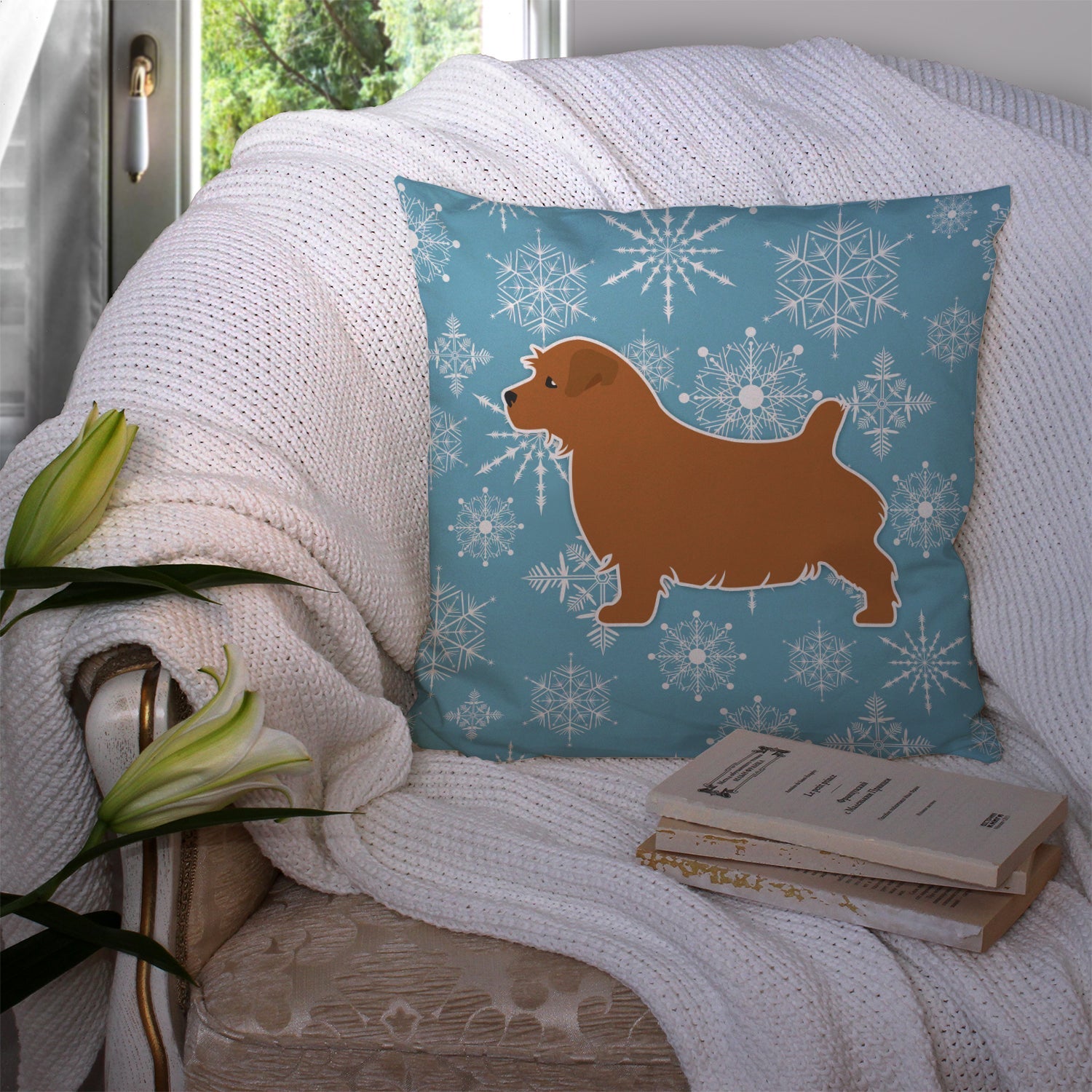 Winter Snowflake Norfolk Terrier Decorative Throw Pillow 14x14 Indoor Outdoor Accent Cushion, Fabric Cover with Insert for Sofa, Bed, Porch & Living Room