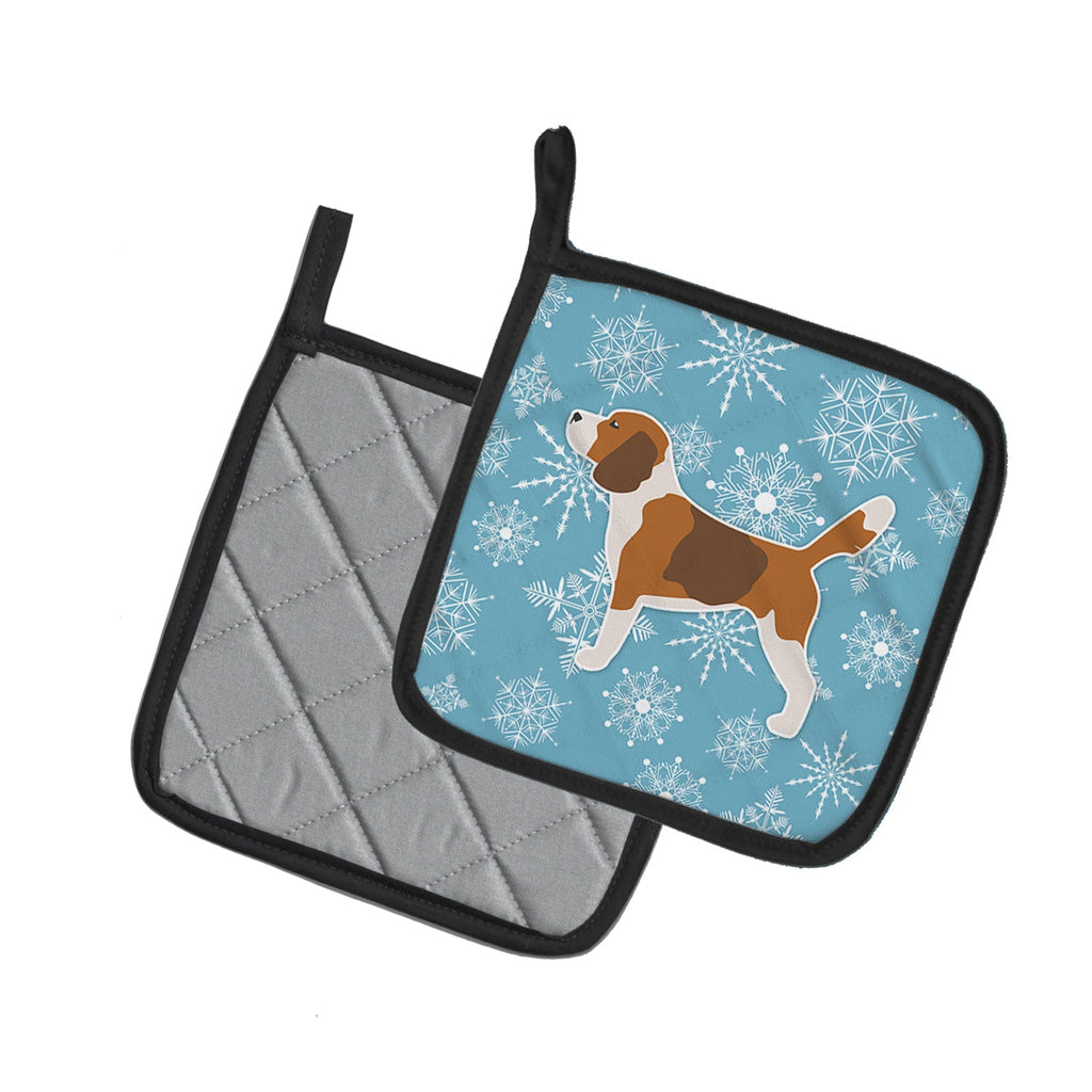Winter Snowflake Beagle Pot Holder Set of 2 Heat Resistant Quilted Hot Pads 7.5 x 7.5 Inch, Insulated Kitchen Trivets for Cooking & Baking