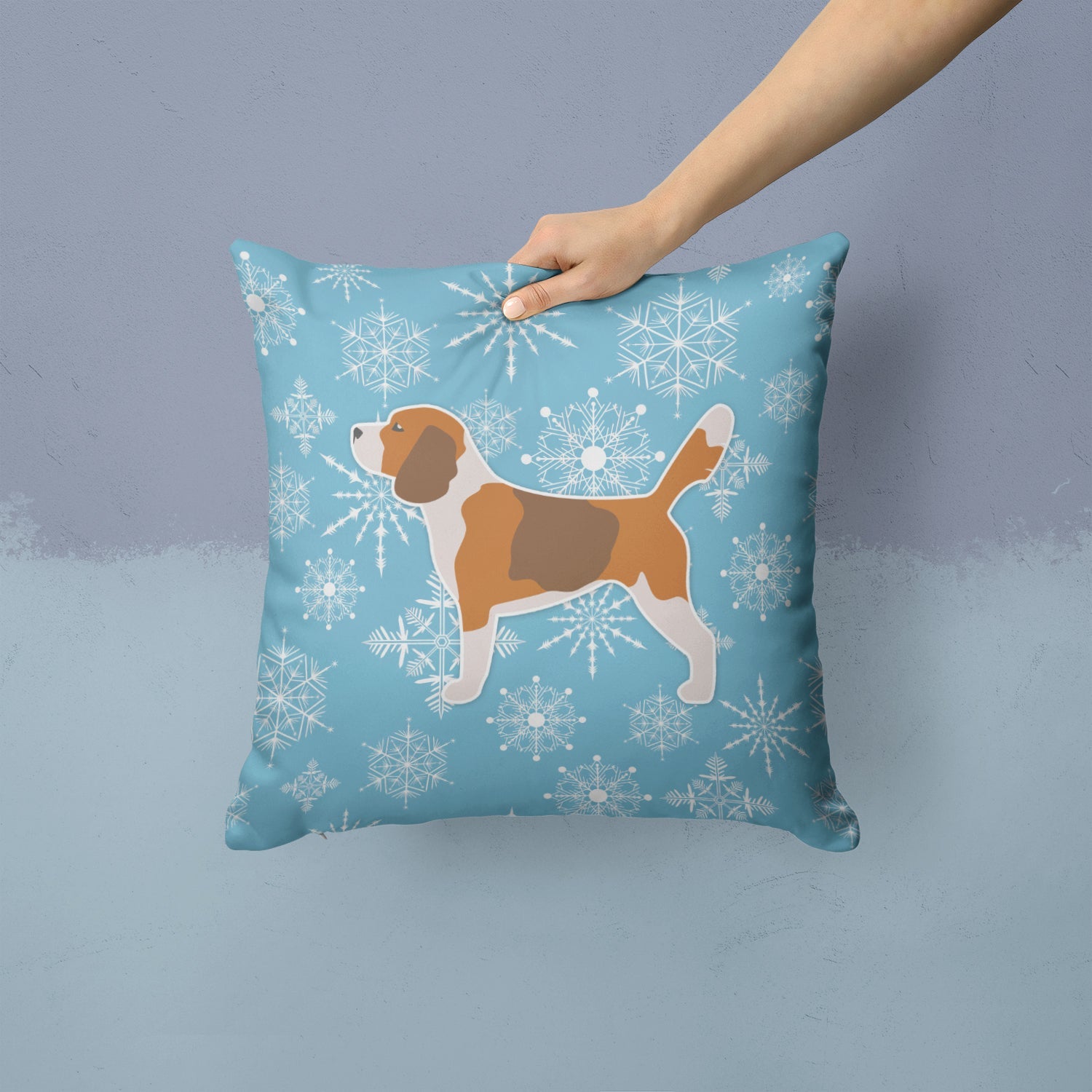 Winter Snowflake Beagle Decorative Throw Pillow 14x14 Indoor Outdoor Accent Cushion, Fabric Cover with Insert for Sofa, Bed, Porch & Living Room