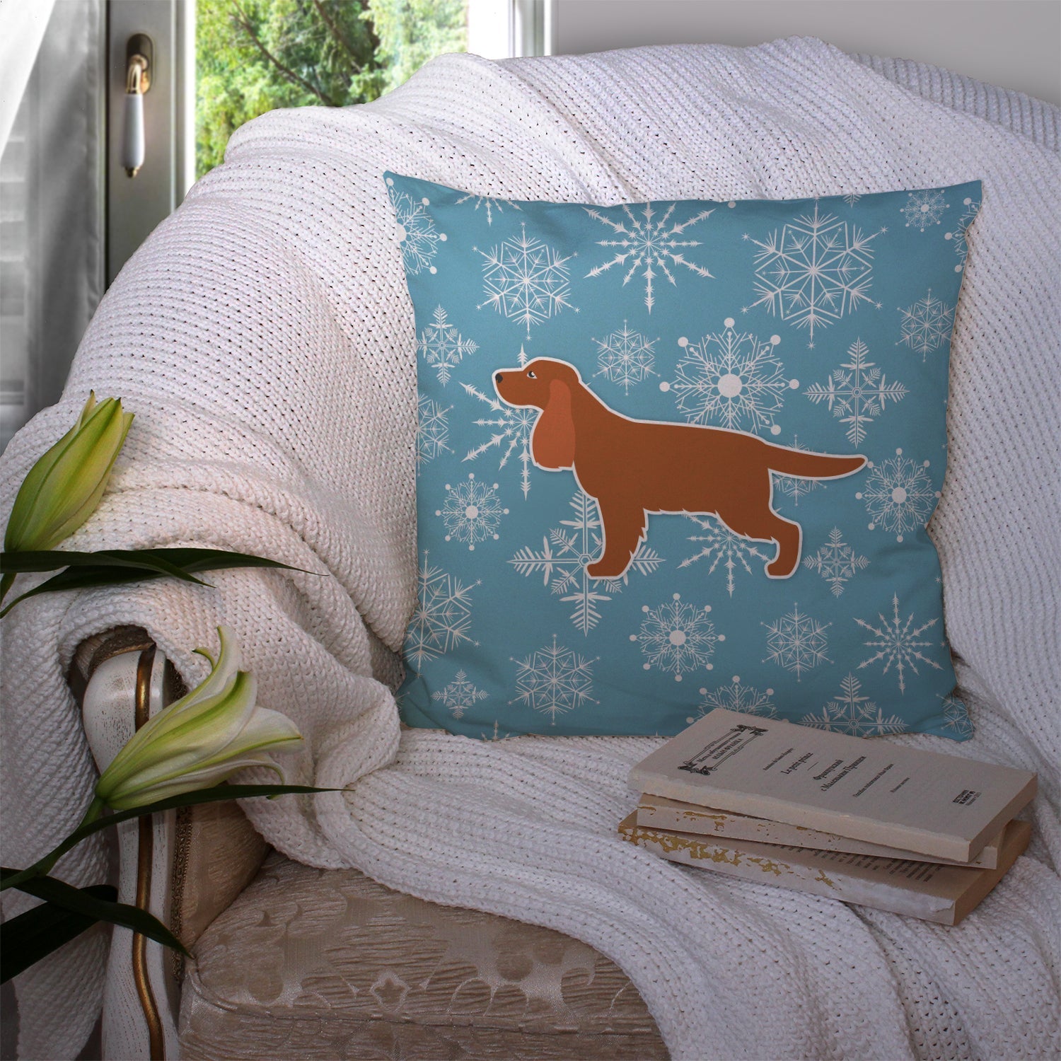 Winter Snowflake English Cocker Spaniel Decorative Throw Pillow 14x14 Indoor Outdoor Accent Cushion, Fabric Cover with Insert for Sofa, Bed, Porch & Living Room