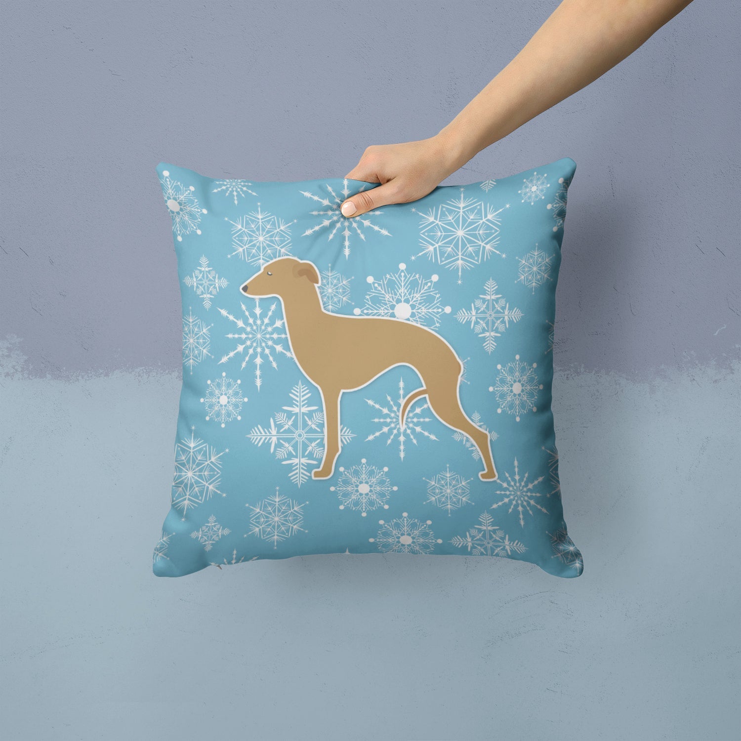Winter Snowflake Italian Greyhound Decorative Throw Pillow 14x14 Indoor Outdoor Accent Cushion, Fabric Cover with Insert for Sofa, Bed, Porch & Living Room