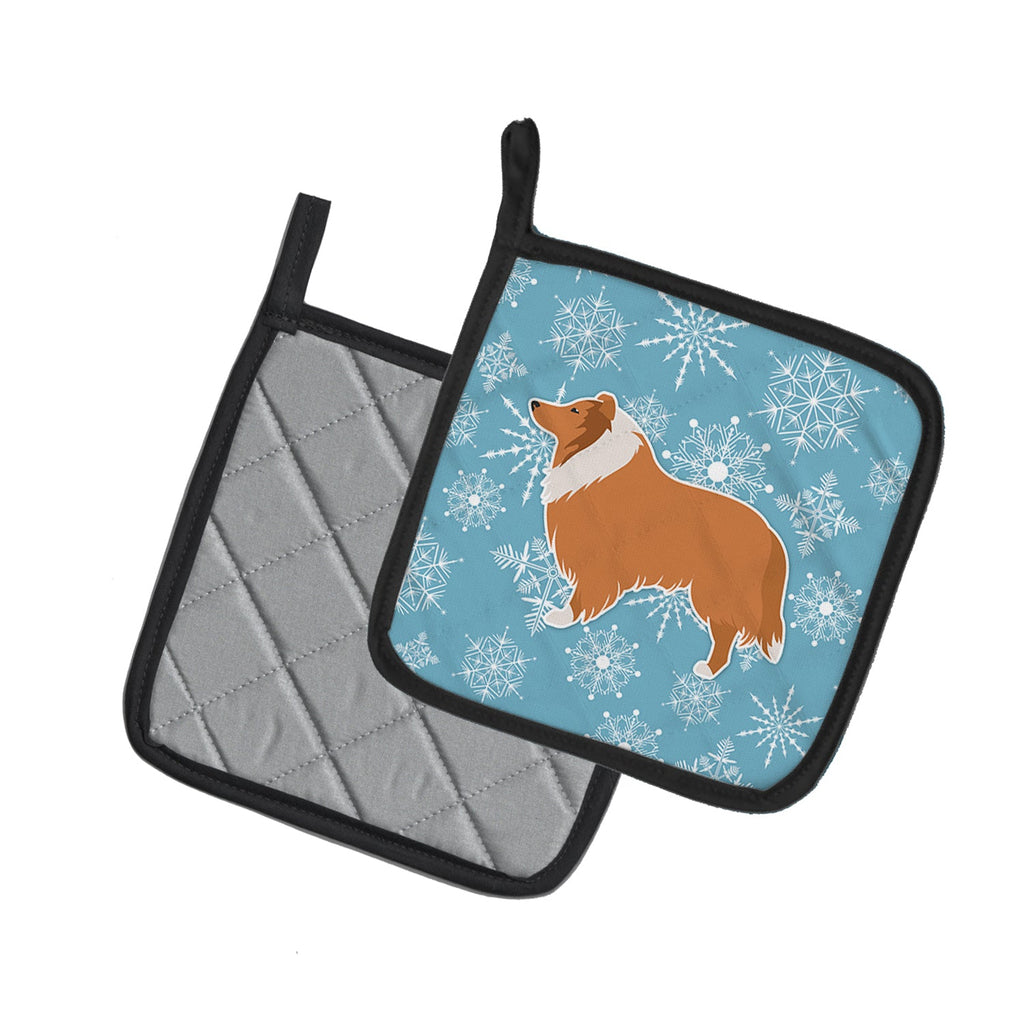 Winter Snowflake Collie Pot Holder Set of 2 Heat Resistant Quilted Hot Pads 7.5 x 7.5 Inch, Insulated Kitchen Trivets for Cooking & Baking