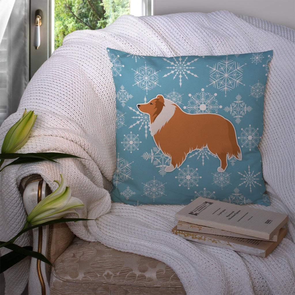 Winter Snowflake Collie Decorative Throw Pillow 14x14 Indoor Outdoor Accent Cushion, Fabric Cover with Insert for Sofa, Bed, Porch & Living Room