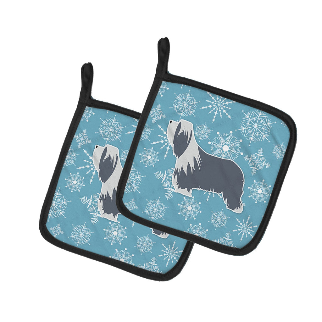 Winter Snowflake Bearded Collie Pot Holder Set of 2 Heat Resistant Quilted Hot Pads 7.5 x 7.5 Inch, Insulated Kitchen Trivets for Cooking & Baking