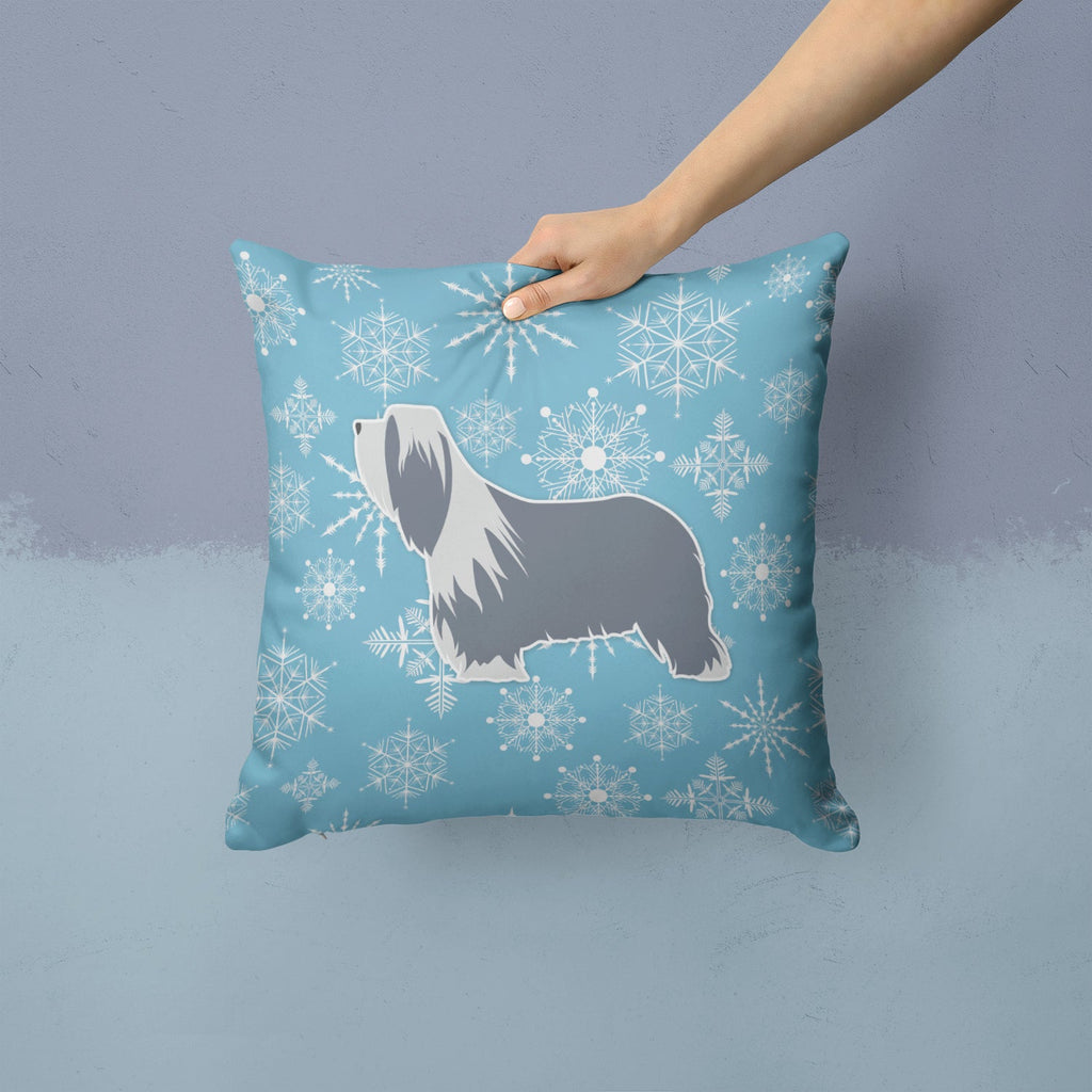 Winter Snowflake Bearded Collie Decorative Throw Pillow 14x14 Indoor Outdoor Accent Cushion, Fabric Cover with Insert for Sofa, Bed, Porch & Living Room