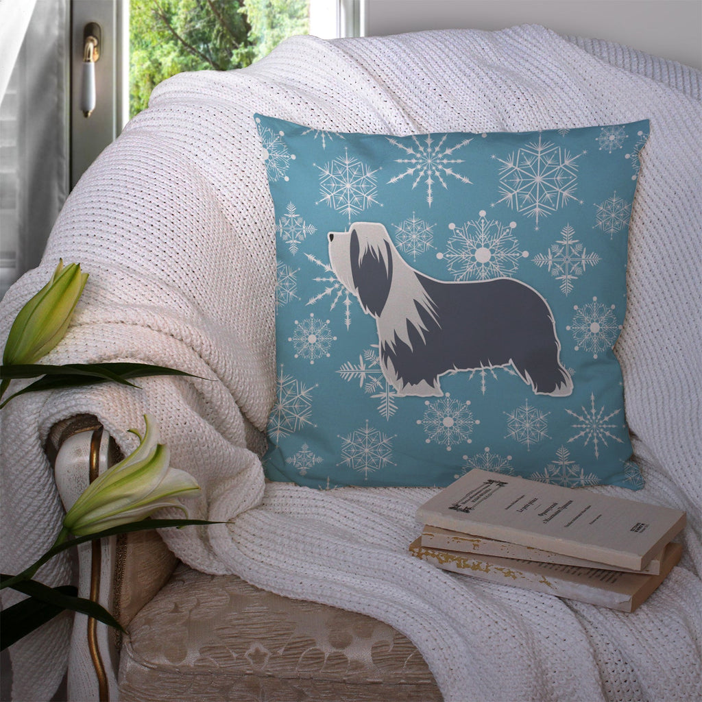 Winter Snowflake Bearded Collie Decorative Throw Pillow 14x14 Indoor Outdoor Accent Cushion, Fabric Cover with Insert for Sofa, Bed, Porch & Living Room