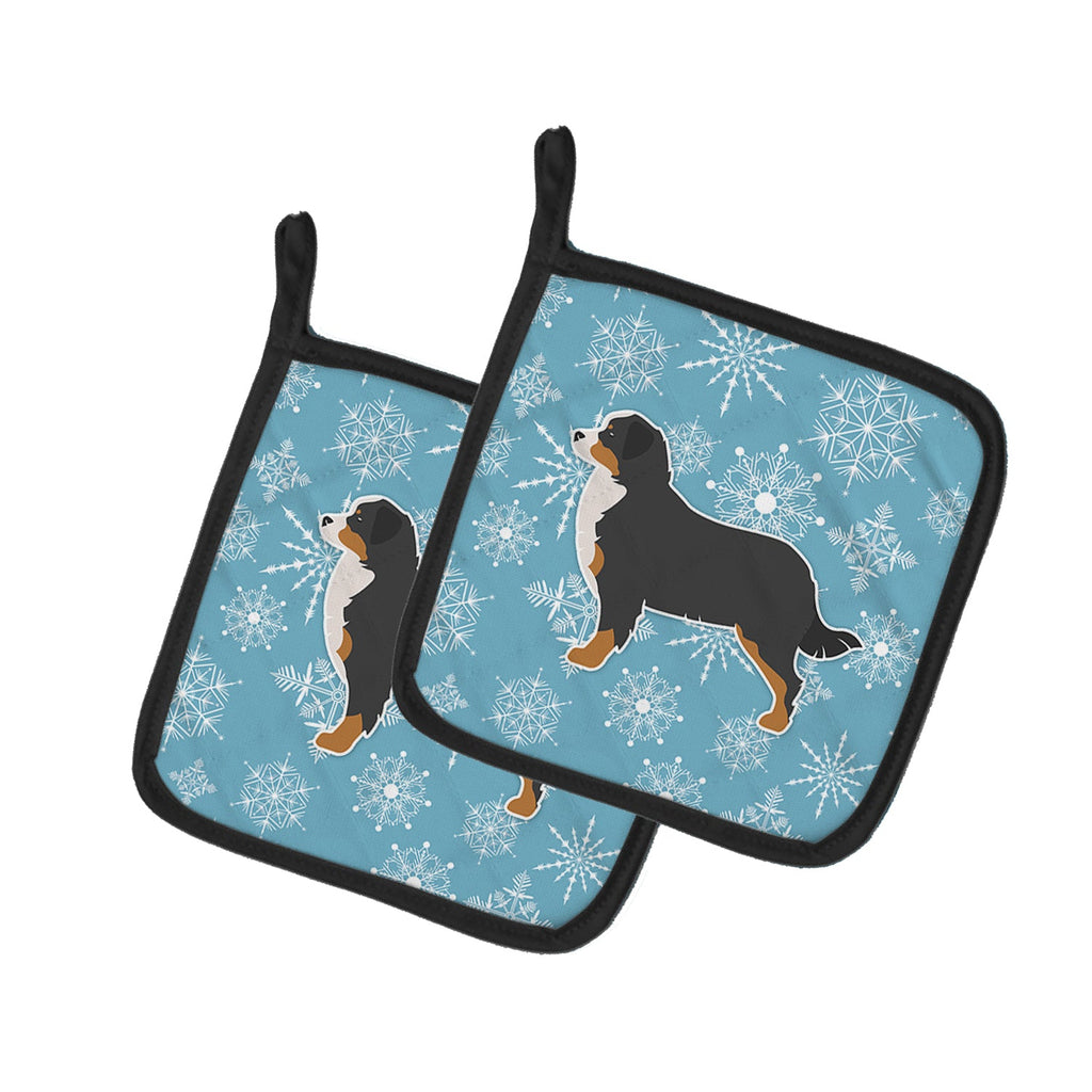 Winter Snowflake Bernese Mountain Dog Pot Holder Set of 2 Heat Resistant Quilted Hot Pads 7.5 x 7.5 Inch, Insulated Kitchen Trivets for Cooking & Baking