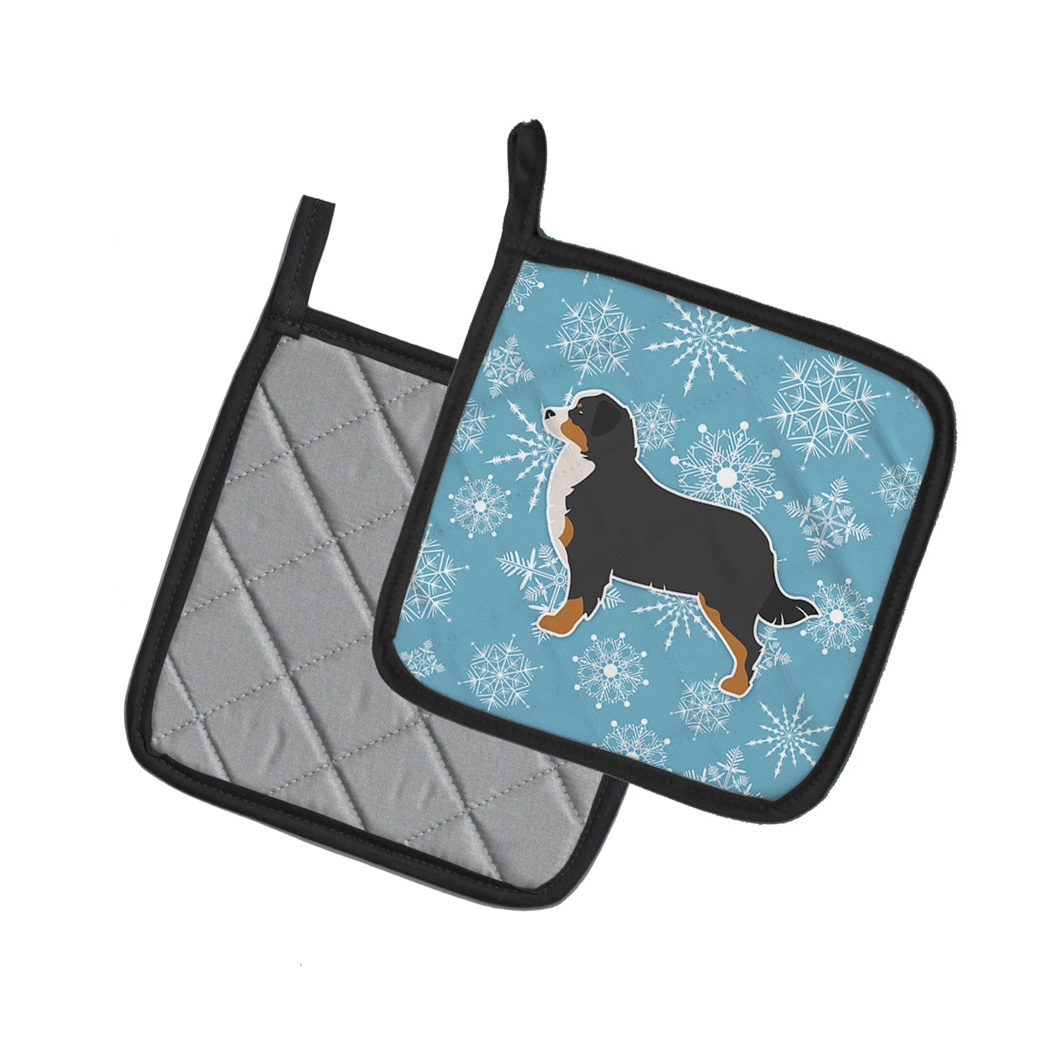 Winter Snowflake Bernese Mountain Dog Pot Holder Set of 2 Heat Resistant Quilted Hot Pads 7.5 x 7.5 Inch, Insulated Kitchen Trivets for Cooking & Baking