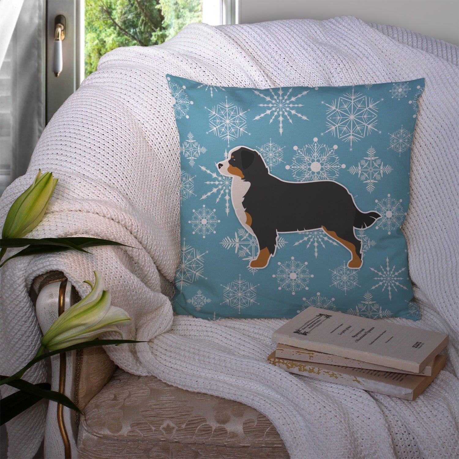 Winter Snowflake Bernese Mountain Dog Decorative Throw Pillow 14x14 Indoor Outdoor Accent Cushion, Fabric Cover with Insert for Sofa, Bed, Porch & Living Room