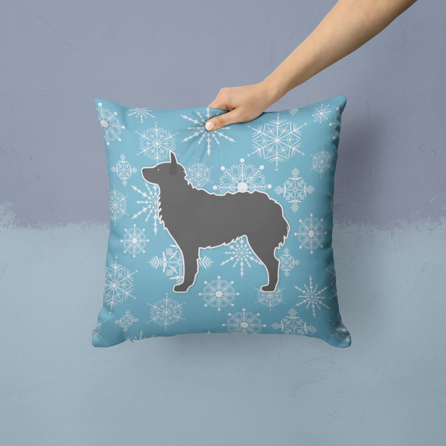 Winter Snowflake Croatian Sheepdog Decorative Throw Pillow 14x14 Indoor Outdoor Accent Cushion, Fabric Cover with Insert for Sofa, Bed, Porch & Living Room