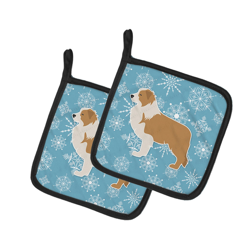 Winter Snowflake Red Border Collie Pot Holder Set of 2 Heat Resistant Quilted Hot Pads 7.5 x 7.5 Inch, Insulated Kitchen Trivets for Cooking & Baking